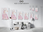 Size comparison chart in an interior setting. See how the Giraffe Portrait Canvas Print fits in different spaces. Pink animal print looks great in any room. Fashion giraffe art with a pearl necklace is versatile. Visualize the blush pink art in your home.
