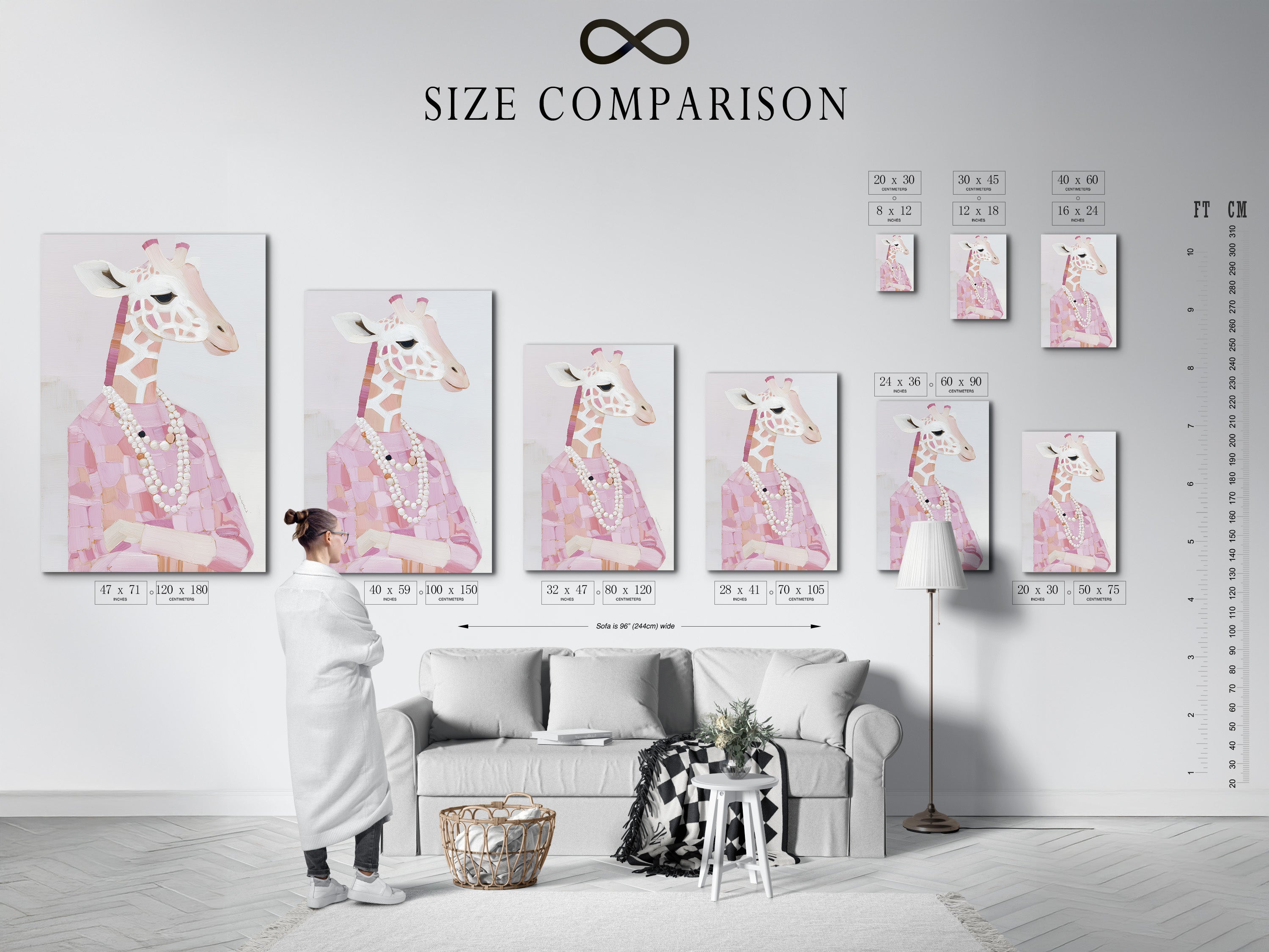 Size comparison chart in an interior setting. See how the Giraffe Portrait Canvas Print fits in different spaces. Pink animal print looks great in any room. Fashion giraffe art with a pearl necklace is versatile. Visualize the blush pink art in your home.