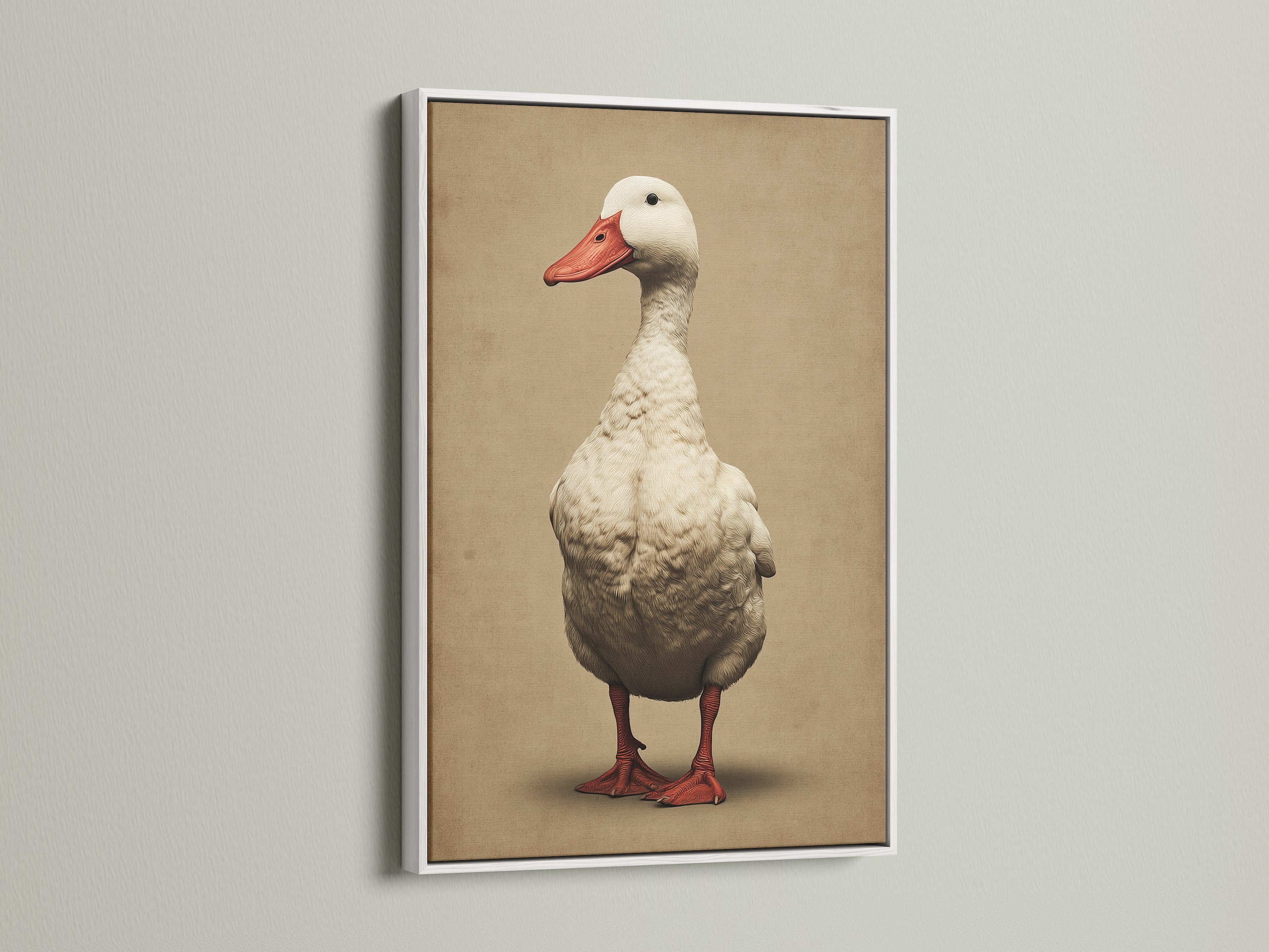 A white frame showcases a vintage duck artwork print. This farmhouse goose wall art is perfect for neutral wall decor. It adds a touch of rustic elegance to any room. This bird canvas print complements country and farmhouse styles.