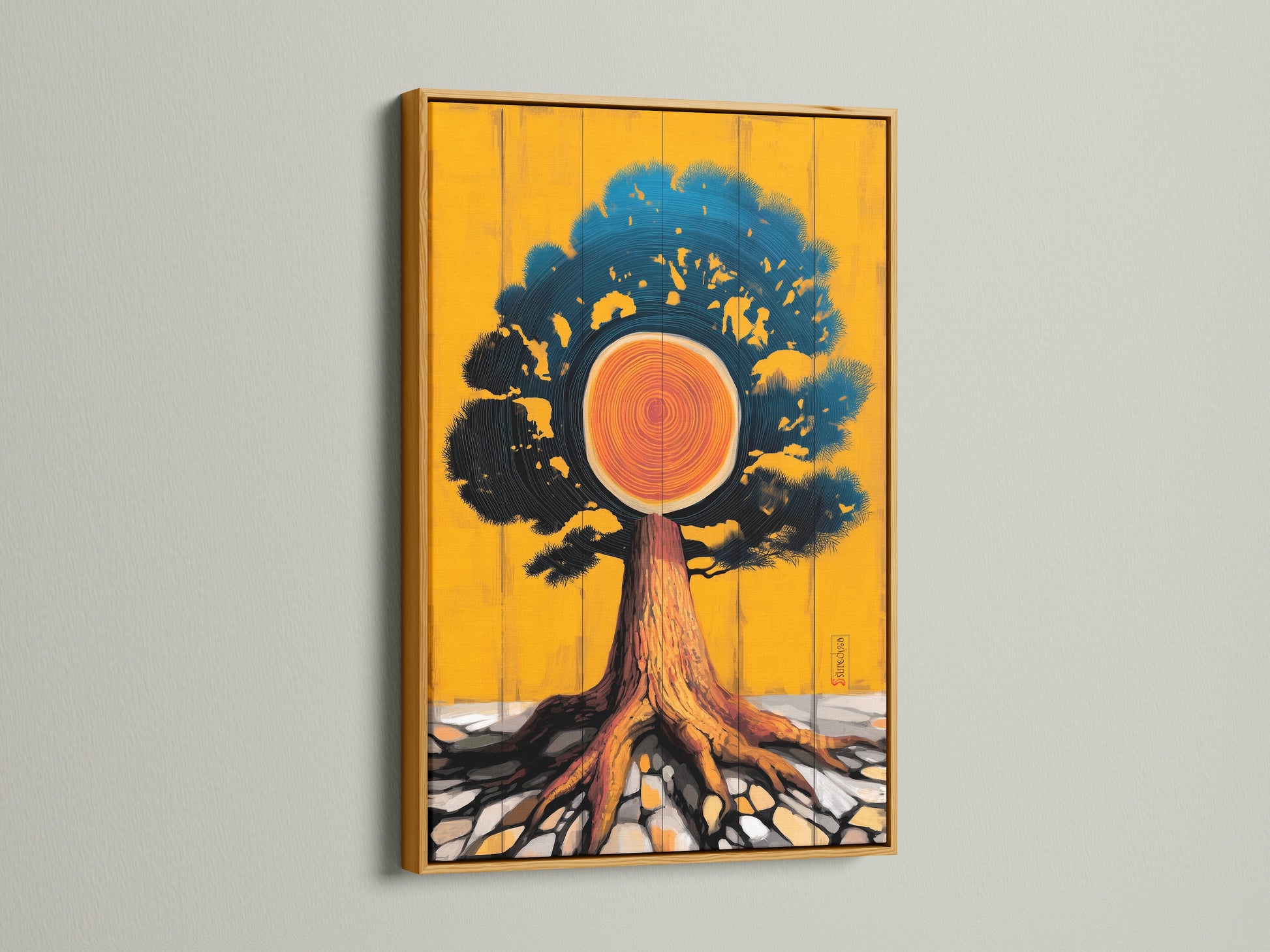 Tree of Life artwork with a gold frame. The gold frame adds a touch of elegance to the abstract tree print. This vibrant tree art is perfect for bohemian wall art. Elevate your space with this contemporary art piece.