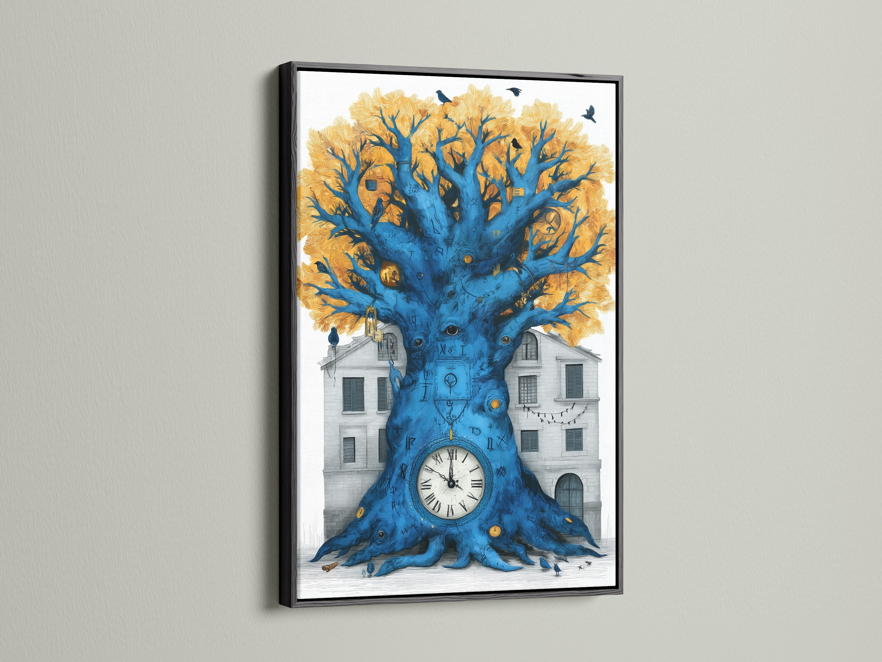 Surreal Clock Tree artwork is framed in a black frame. The artwork shows a tree with a clock at its base set against a building. Black birds sit in the trees golden leaves. The tree's trunk is a vibrant blue making this a unique home art piece.
