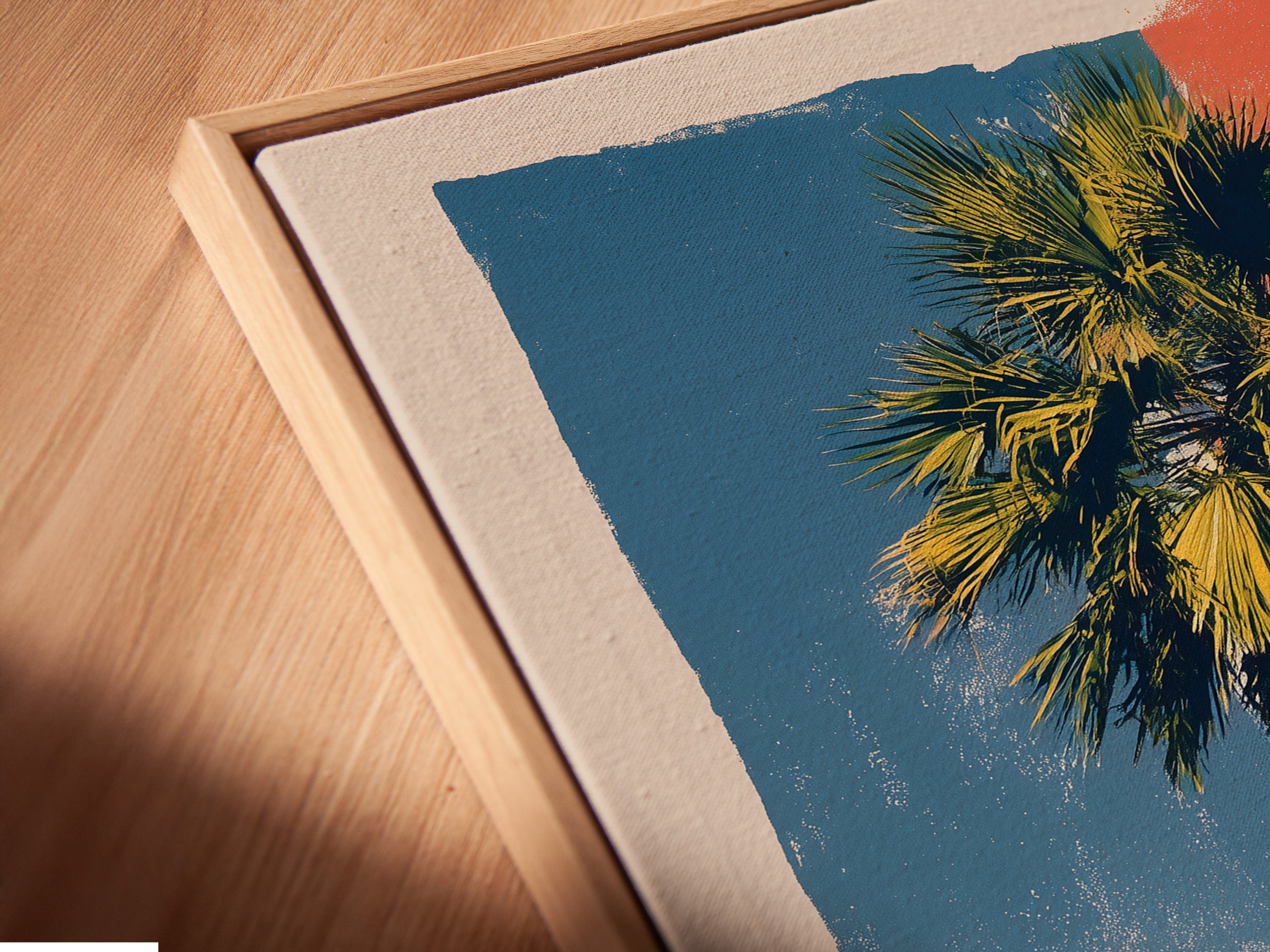 A close-up angled view of a canvas print in a floating frame. The artwork features intricate details and vibrant colors. The floating frame gives the illusion that the artwork is floating. It's a modern way to display art.