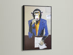 This striking monkey artwork is presented in a sleek black frame. This is a bold statement piece for modern office decor. The black frame accentuates the contemporary animal art. It adds a touch of sophistication to any workspace lobby or studio.