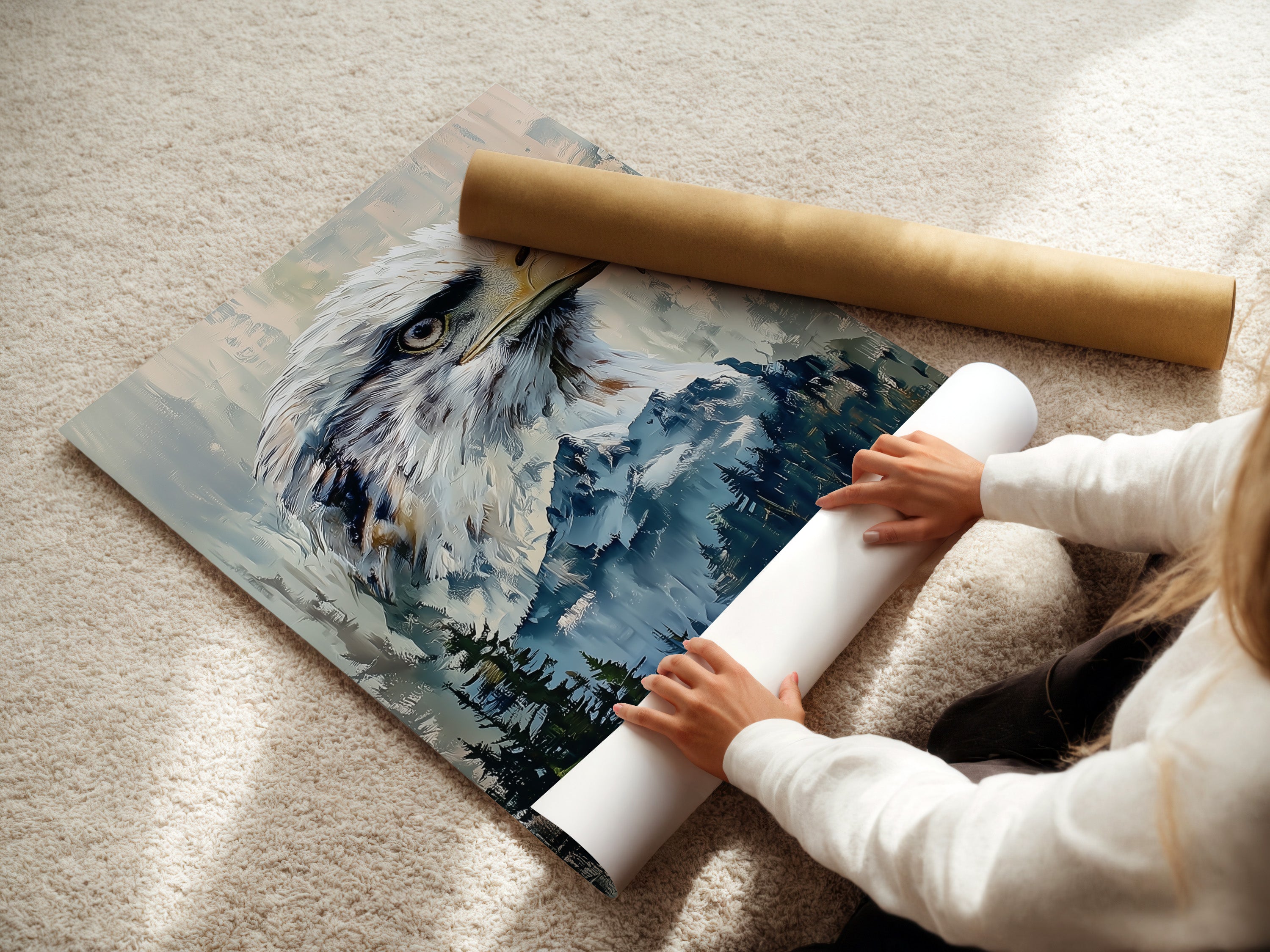 A woman carefully rolls a fine art poster paper. The paper is high quality. It ensures your artwork looks its best. Our fine art paper is ideal for prints. Preserve your art with us.