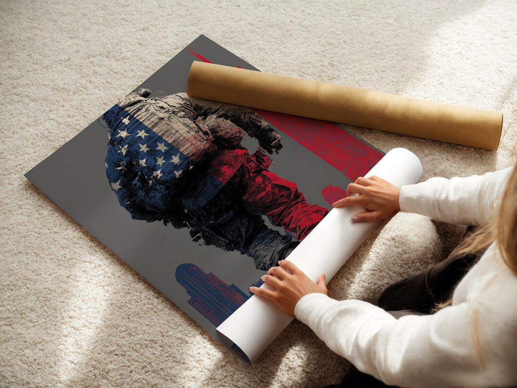 A woman carefully rolls a fine art poster paper print. The American Soldier art is ready to frame. Perfect for military wall art or a veteran memorial. High-quality patriotic artwork.