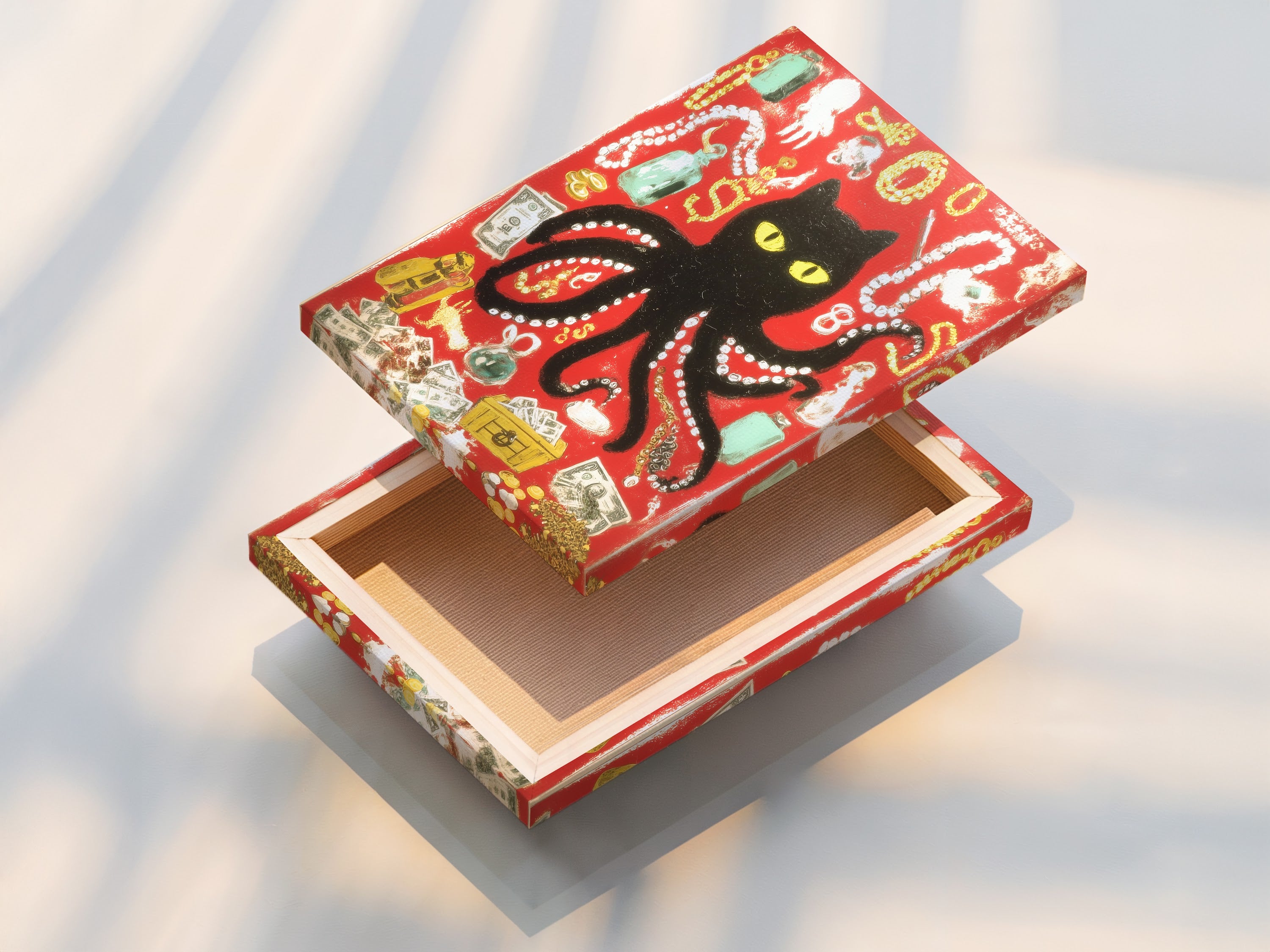 Here is a stretched canvas print of black cat octopus art. The artwork is ready to hang. The stretched canvas provides a gallery look. Ideal for eclectic and bohemian interiors.