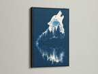 The black frame enhances the wolf silhouette canvas print. The navy blue artwork is perfect for a nature-themed office. It is great for cabin art. The forest canvas print brings wilderness indoors.