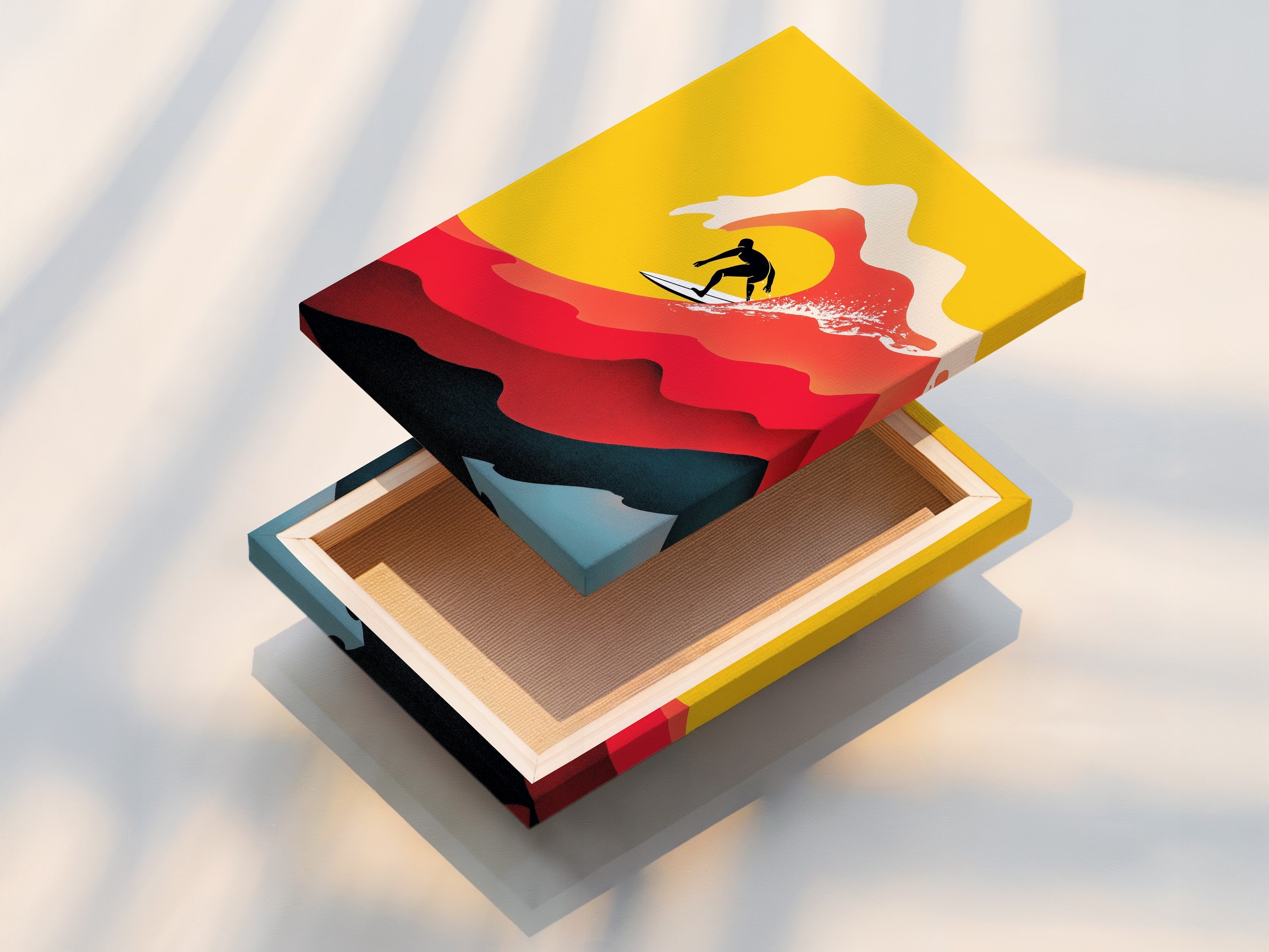 A stretched canvas print displays vibrant retro wave art. This surfing artwork is ready to hang adding instant beach house decor. The canvas texture enhances the vintage surf poster creating stunning coastal wall art.