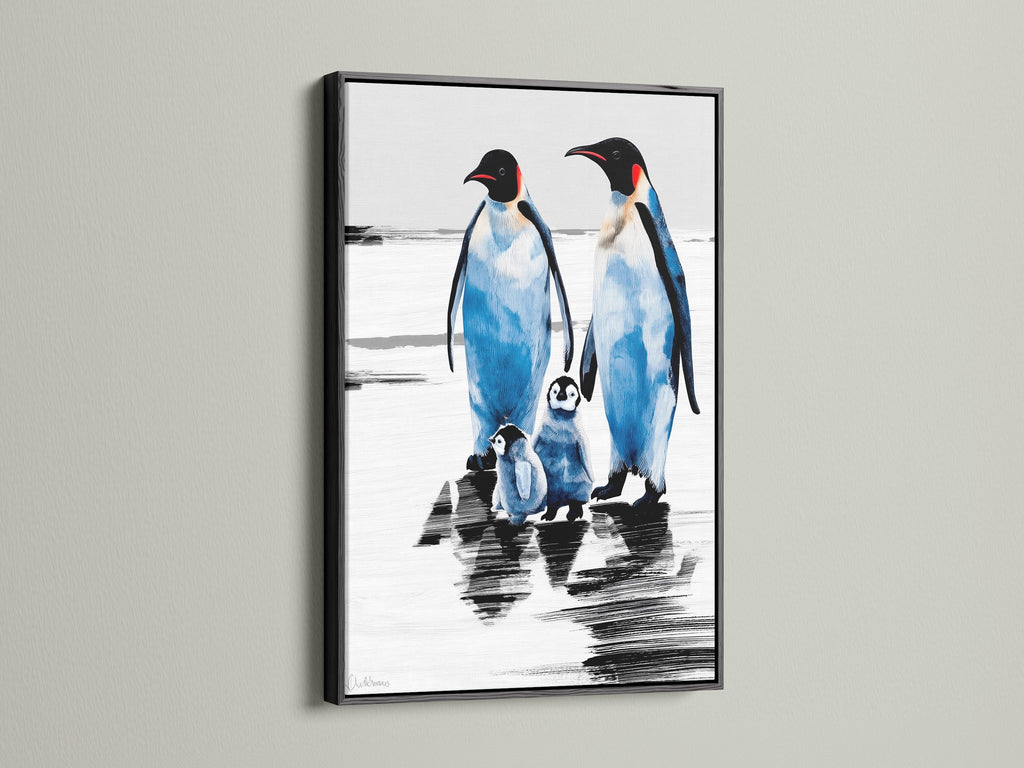 A family of penguins in a black frame. This bird art print is a unique piece of coastal decor. Perfect for homeowners renters and parents seeking distinctive wall art for living rooms bedrooms or nurseries.