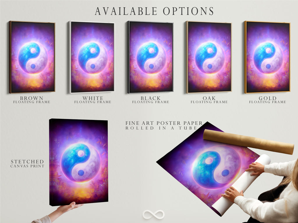 Available options include a stretched canvas print fine art poster paper and floating frame. The Yin Yang art features cosmic purple and blue tones. This zen decor offers versatile display choices. Customize your spiritual artwork to fit your style. Explore our range today.