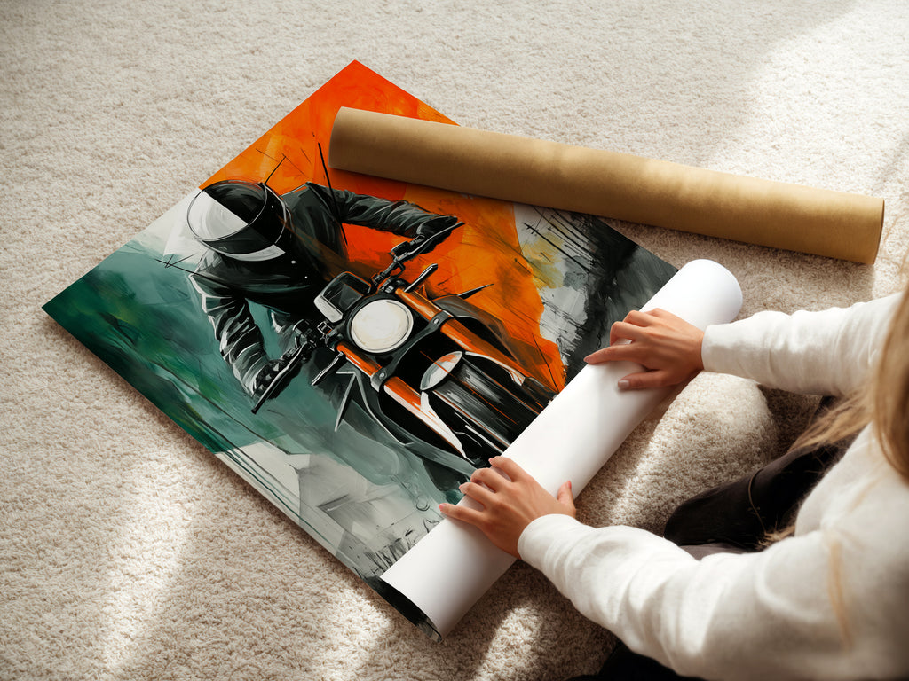 Woman Rolling Fine Art Poster Paper. A woman is carefully rolling a fine art poster paper featuring motorcycle artwork. The vintage biker art will be ready for framing or display. Perfect for adding a touch of retro style to your space.