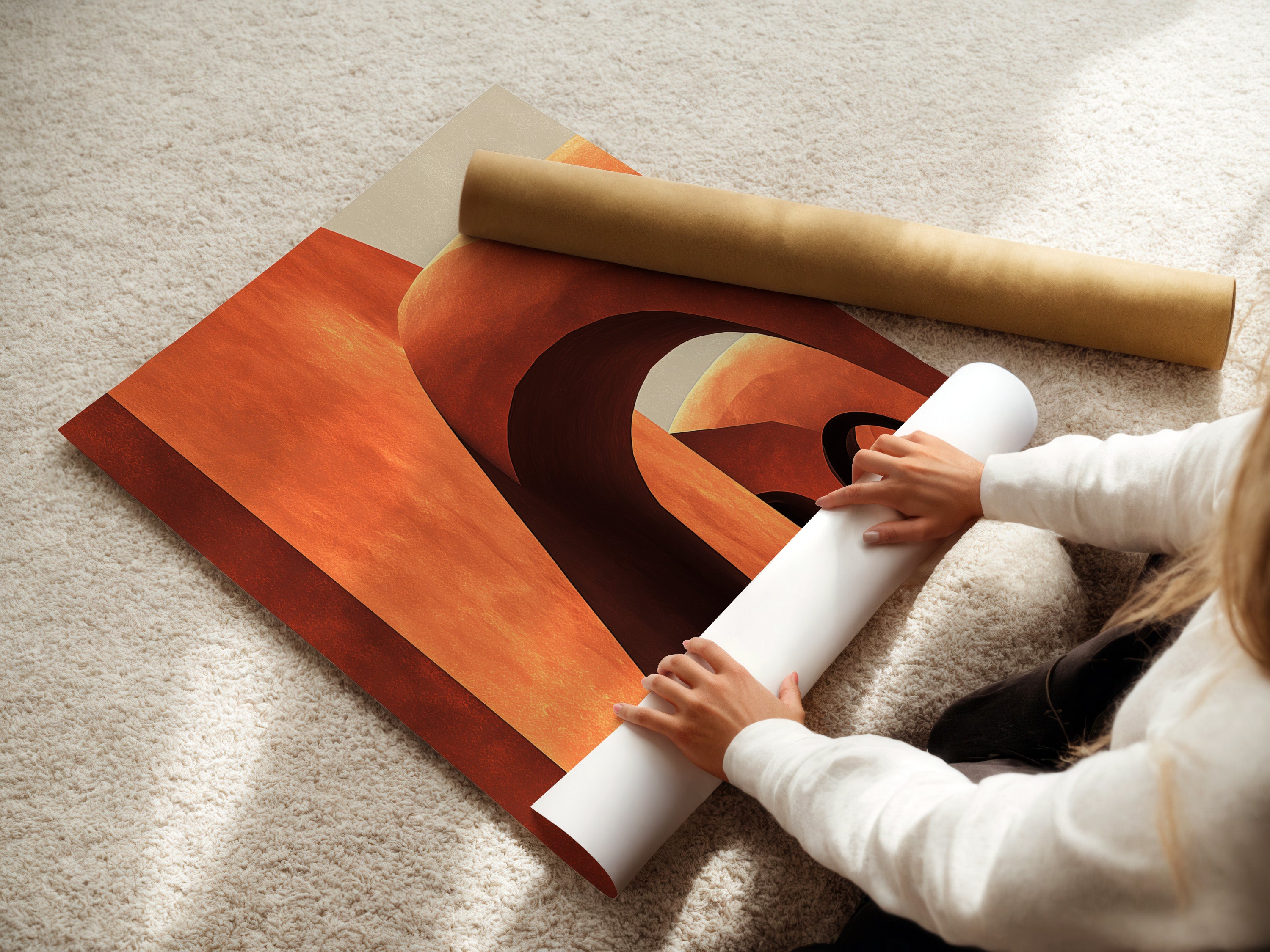 A woman is carefully rolling a fine art poster paper. High-quality fine art paper ensures lasting beauty. Protect your art prints with our archival paper. Discover the difference of fine art poster paper. Preserve and showcase your art with our premium materials.