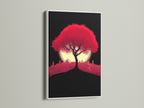 Crimson Tree artwork in a white frame. The red cityscape wall art is a modern silhouette. The artwork adds a touch of minimalist style. Ideal for homeowners renters and interior designers. Elevate your space with modern art.