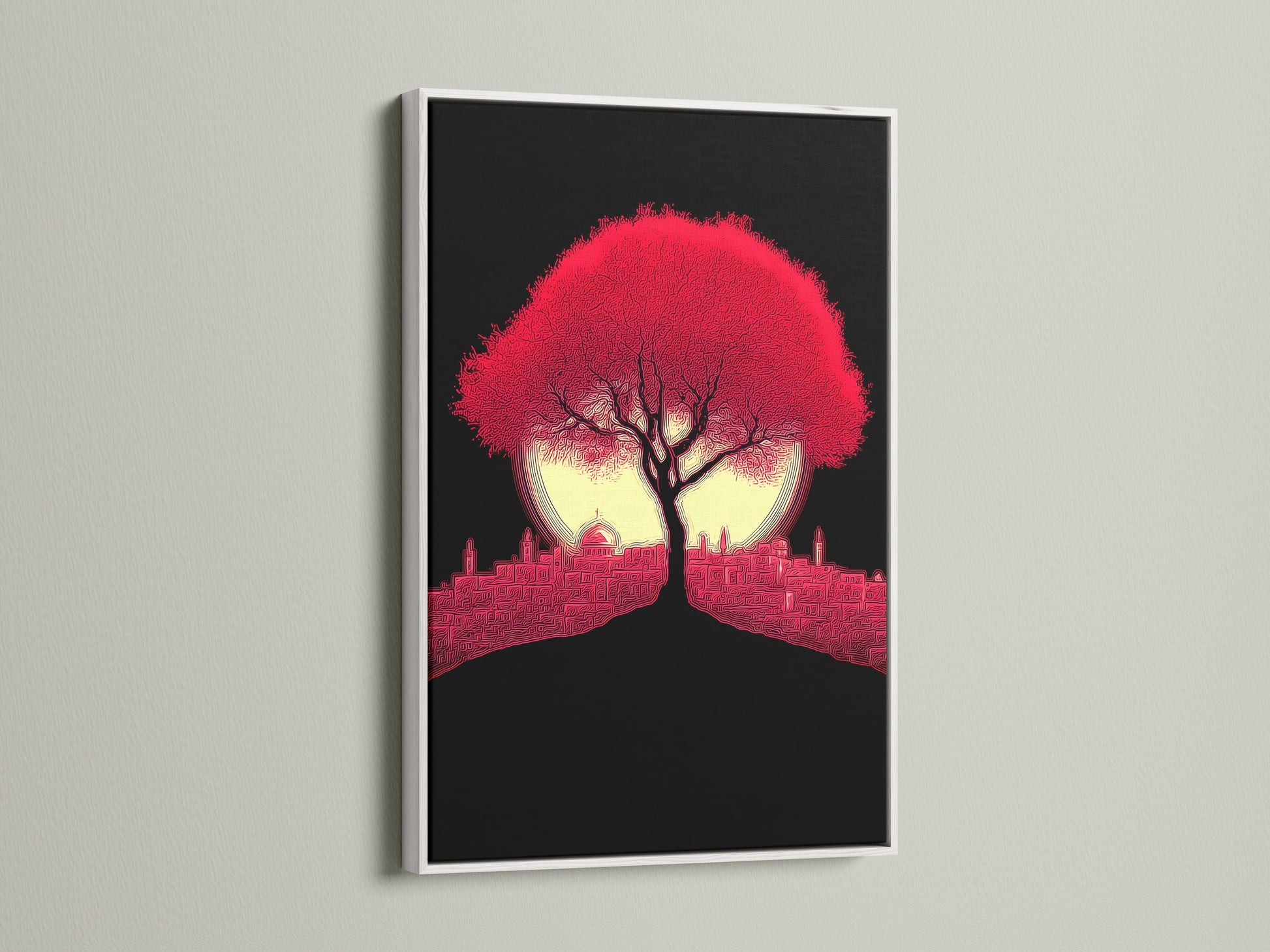 Crimson Tree artwork in a white frame. The red cityscape wall art is a modern silhouette. The artwork adds a touch of minimalist style. Ideal for homeowners renters and interior designers. Elevate your space with modern art.