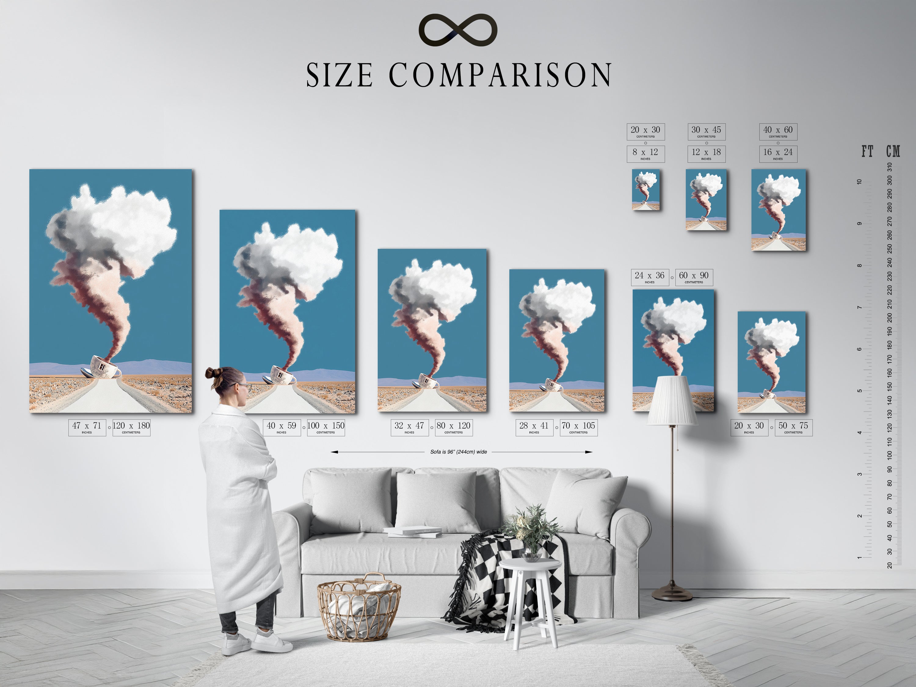 A size comparison chart in an interior setting. It shows various sizes of the surreal coffee cup artwork. The desert landscape and dreamy cloudscape are visible. This modern art print is perfect for any room. See available size options here.