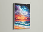 A serene ocean sunset art print in a white frame. The coastal canvas captures a dreamy beach. This beach wall art adds a touch of tranquility to any space. Enhance your bedroom wall decor with this peaceful ocean artwork.