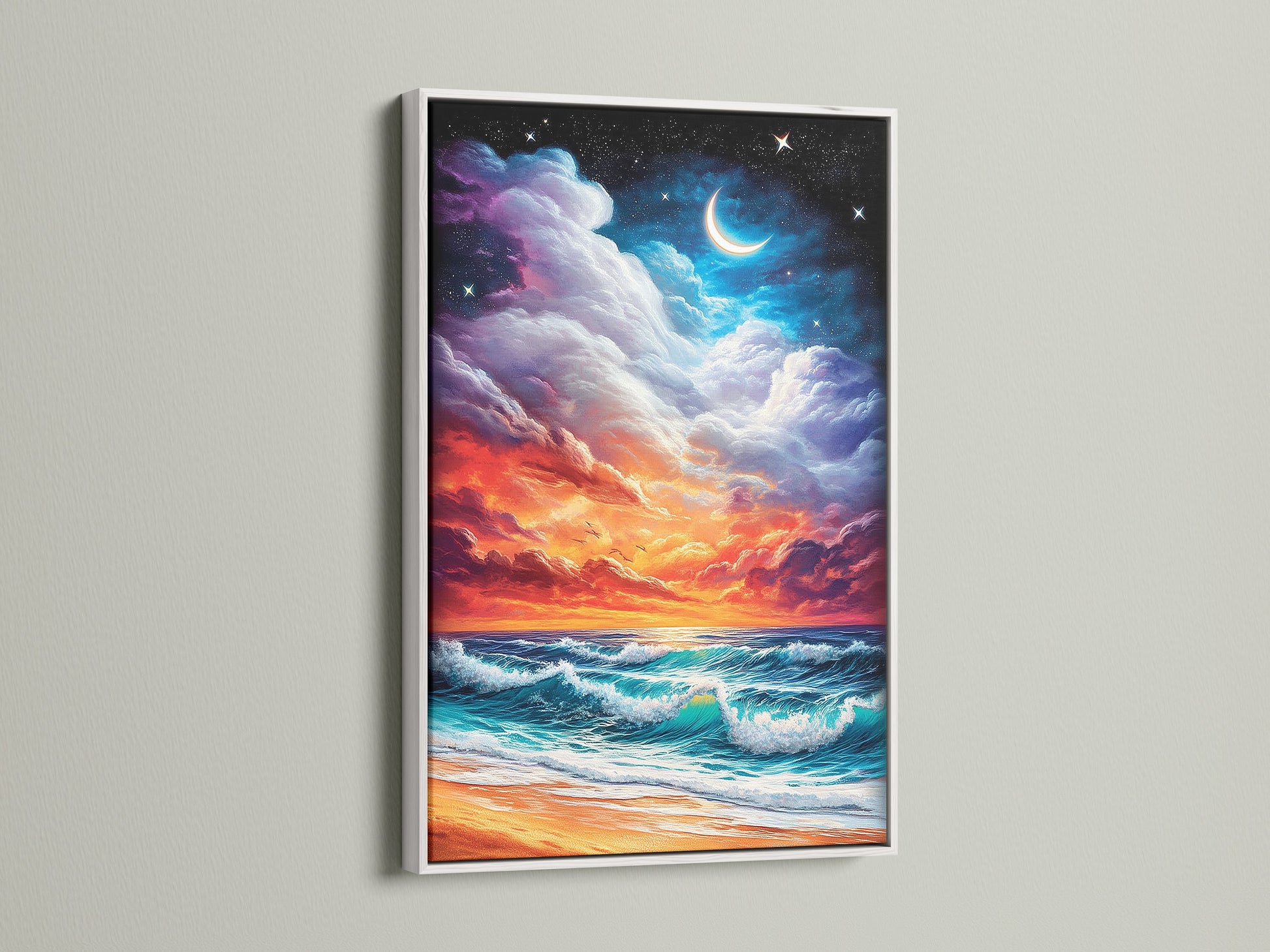 A serene ocean sunset art print in a white frame. The coastal canvas captures a dreamy beach. This beach wall art adds a touch of tranquility to any space. Enhance your bedroom wall decor with this peaceful ocean artwork.