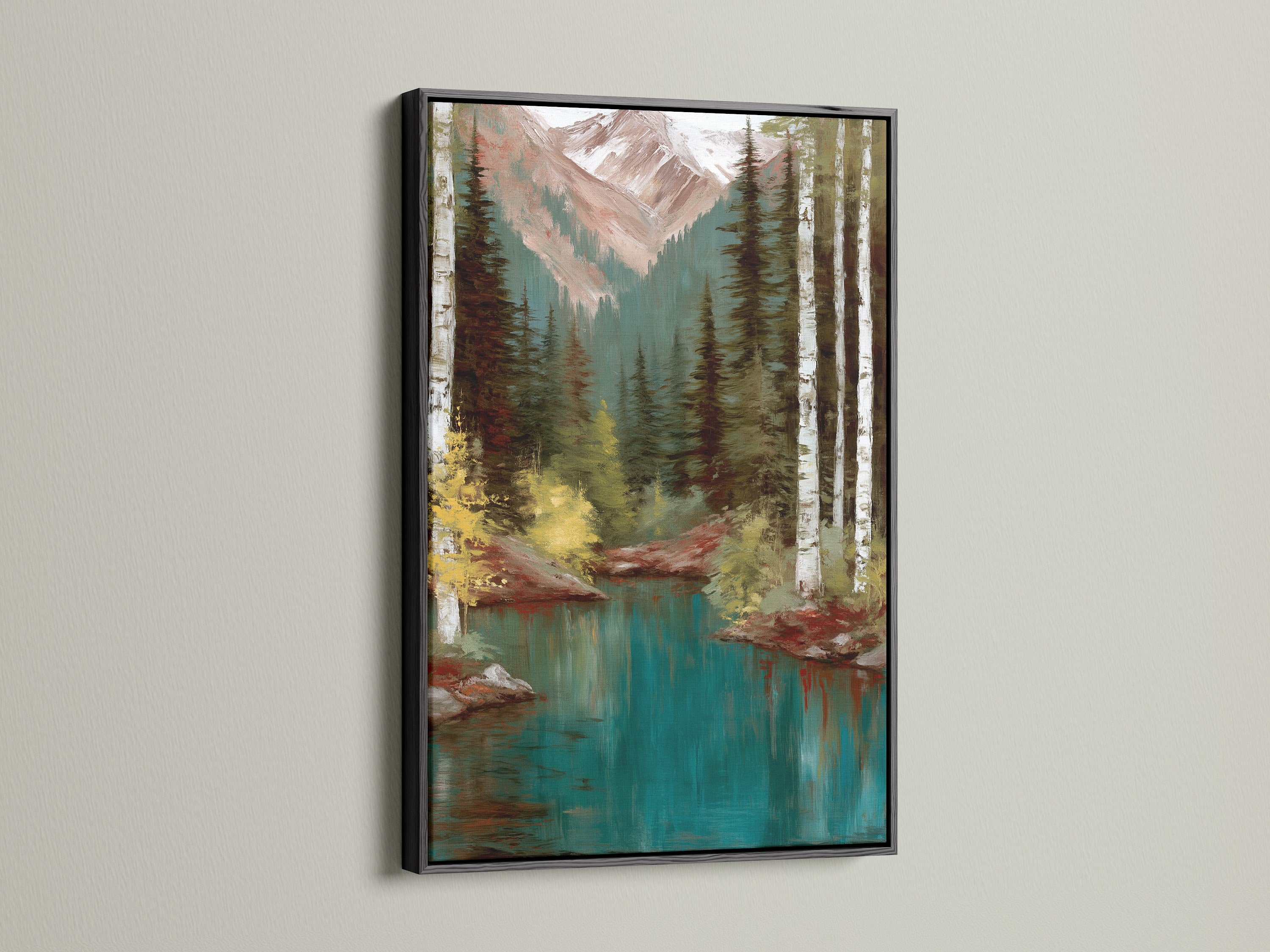 Mountain Lake artwork with a black frame. This artwork features a stunning teal lake surrounded by a forest and mountains. The black frame provides a bold contrast enhancing the artwork's depth. Perfect for those seeking to bring nature's beauty into their home. Add a touch of elegance to any room.