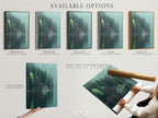 Available options for the Lakeside Cabin artwork are showcased. This includes a stretched canvas print fine art poster paper and a floating frame. Customize your artwork to match your style. Perfect for homeowners renters and interior designers. Elevate your space with forest wall art.