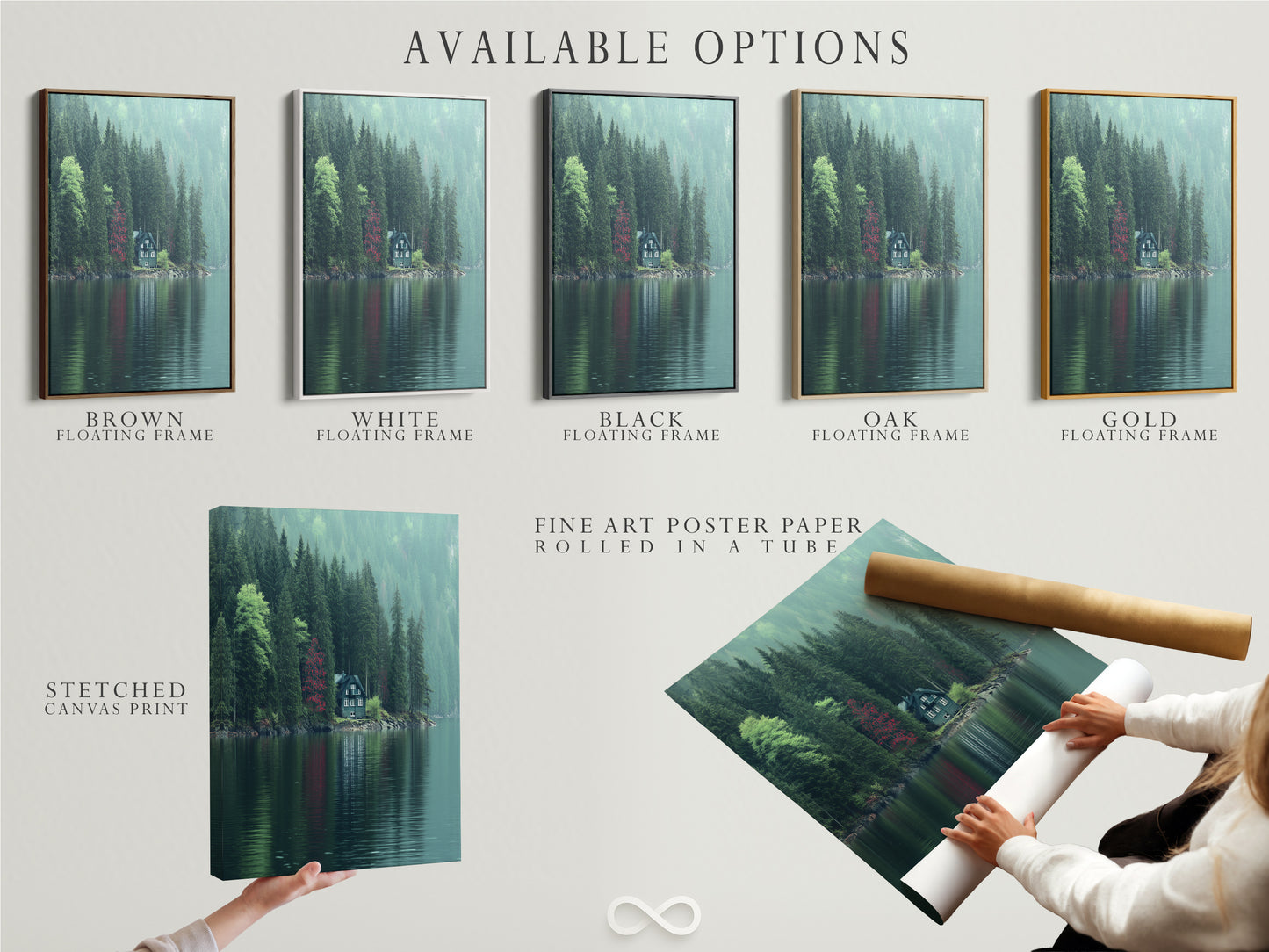Available options for the Lakeside Cabin artwork are showcased. This includes a stretched canvas print fine art poster paper and a floating frame. Customize your artwork to match your style. Perfect for homeowners renters and interior designers. Elevate your space with forest wall art.