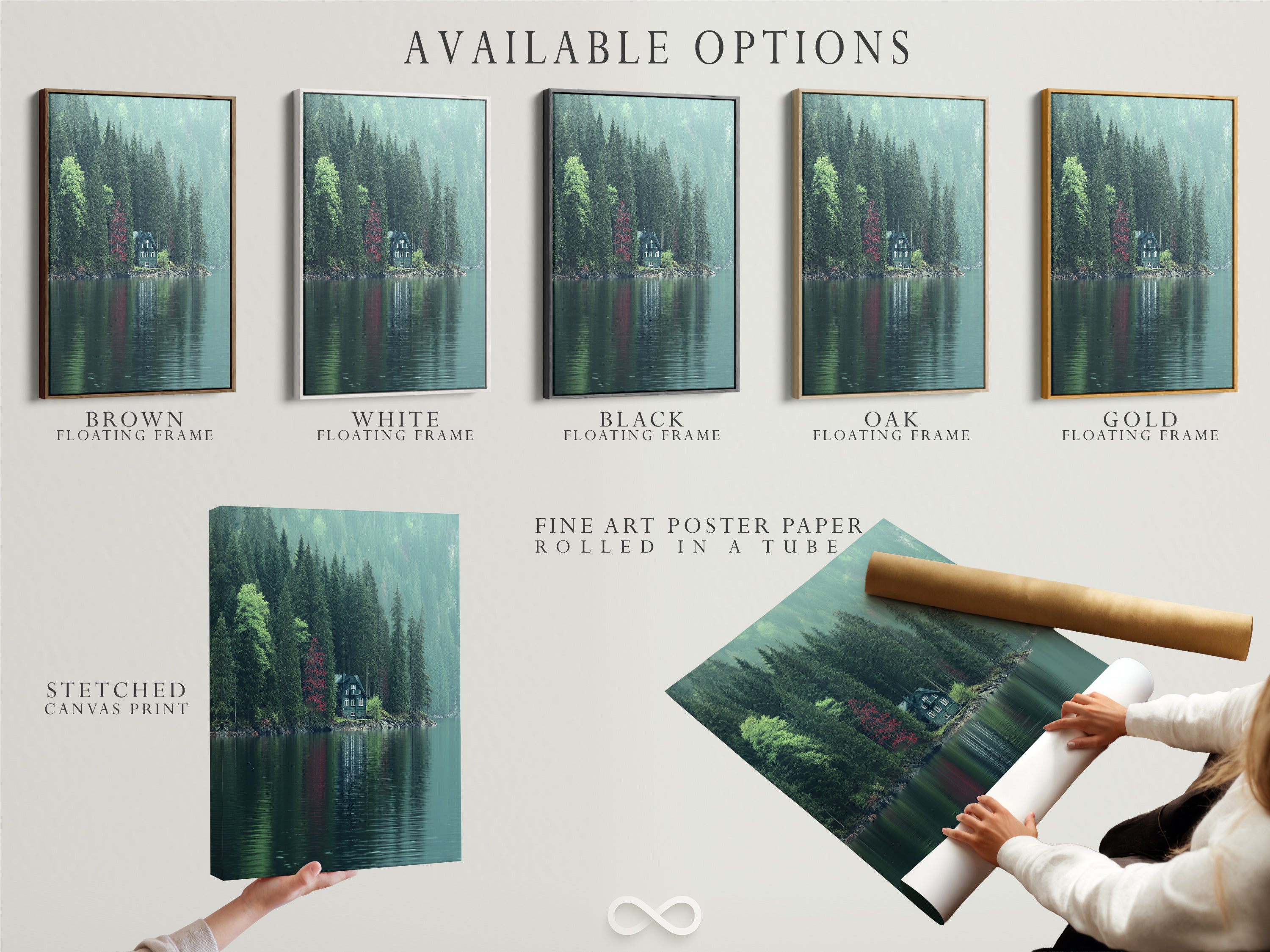 Available options for the Lakeside Cabin artwork are showcased. This includes a stretched canvas print fine art poster paper and a floating frame. Customize your artwork to match your style. Perfect for homeowners renters and interior designers. Elevate your space with forest wall art.