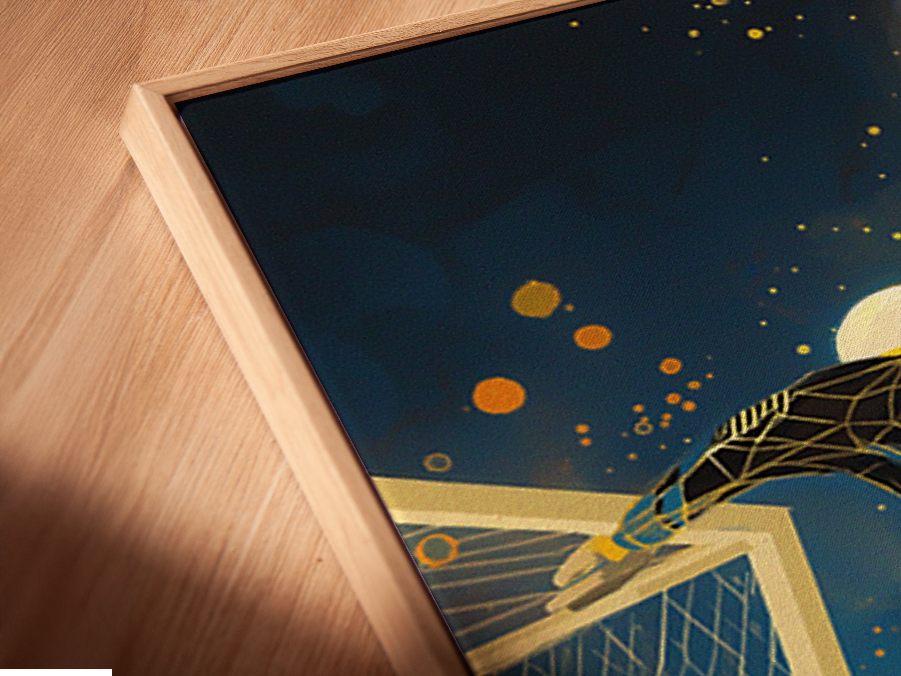 This is a close-up angled view of a canvas print in a floating frame. The soccer goalkeeper artwork appears to hover. It adds a modern touch. The floating frame enhances the artwork's depth and visual appeal. It draws the viewer in.