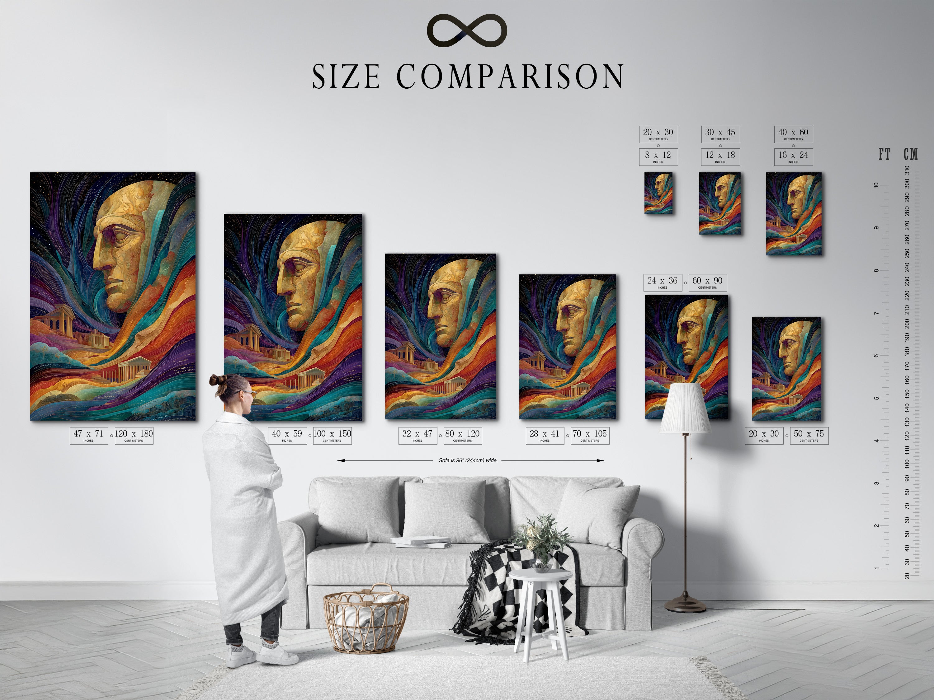 This is a size comparison chart of a surreal portrait artwork in an interior setting. The artwork features a colorful abstract face. This would be great psychedelic digital art for modern office decor. The style is contemporary. The primary color is gold