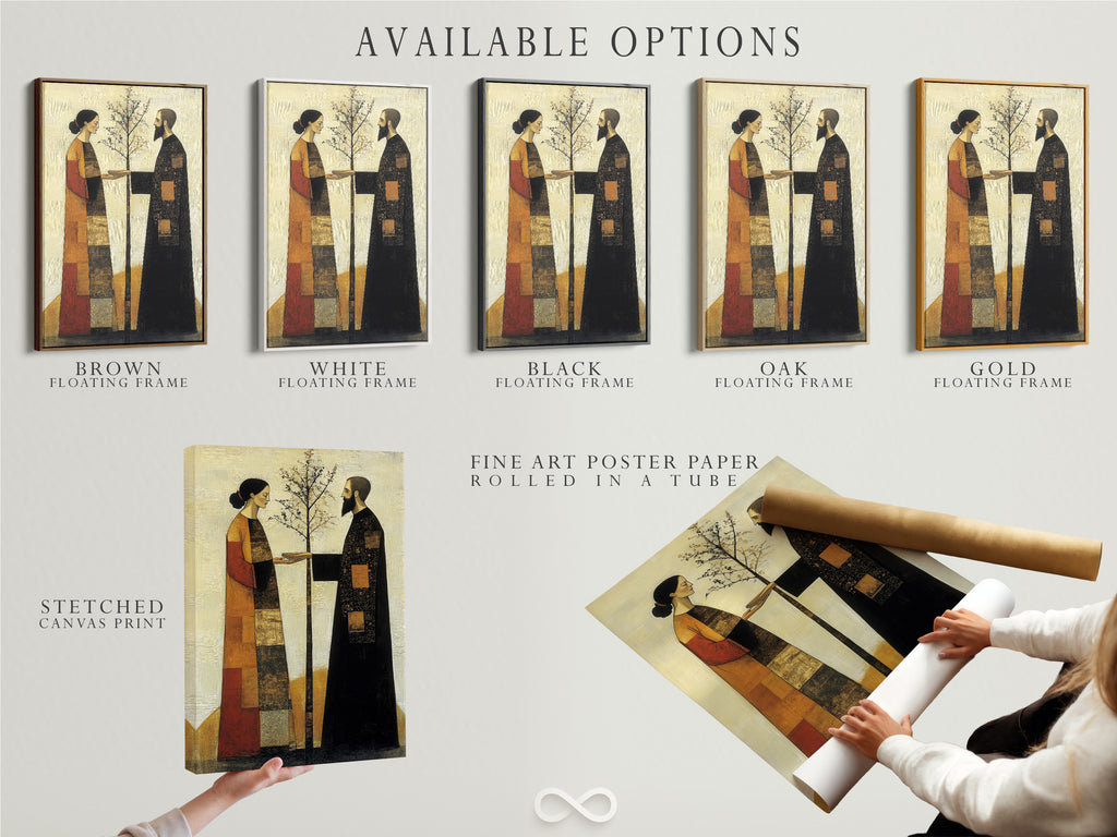 Available options include a stretched canvas print fine art poster paper and floating frame. The modern folk art features a couple planting a tree. The contemporary artwork has earthy tones. The art is perfect for bedroom decor.