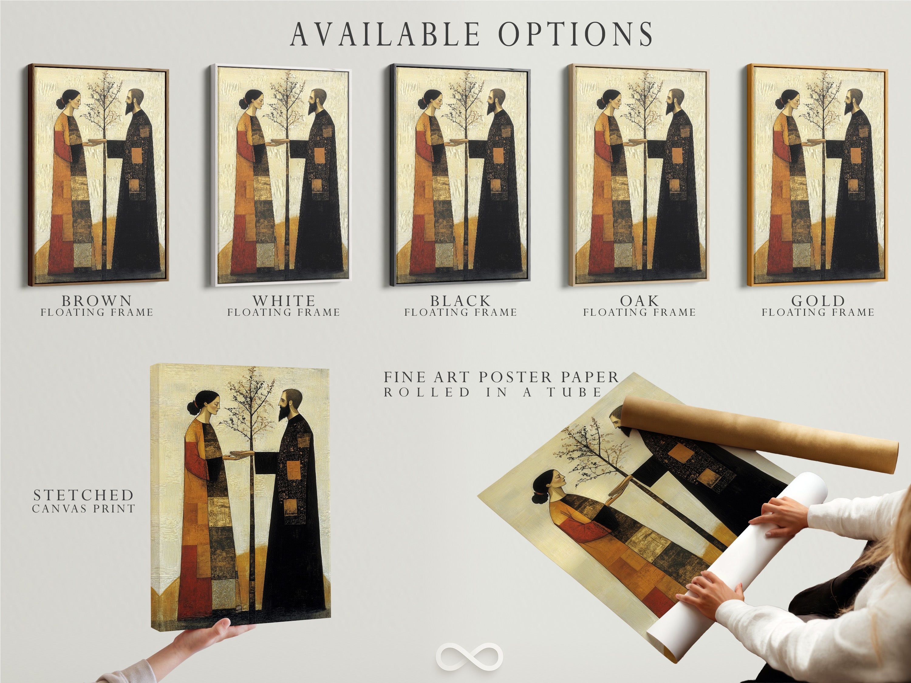 Available options include a stretched canvas print fine art poster paper and floating frame. The modern folk art features a couple planting a tree. The contemporary artwork has earthy tones. The art is perfect for bedroom decor.