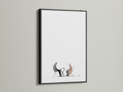 Add a touch of simple sophistication with this minimalist piece. It depicts an elderly couple enjoying coffee. The black frame offers a sleek modern touch. It is perfect for creating a focal point. Ideal for minimalist Scandinavian or eclectic styles. A stunning addition to any space.