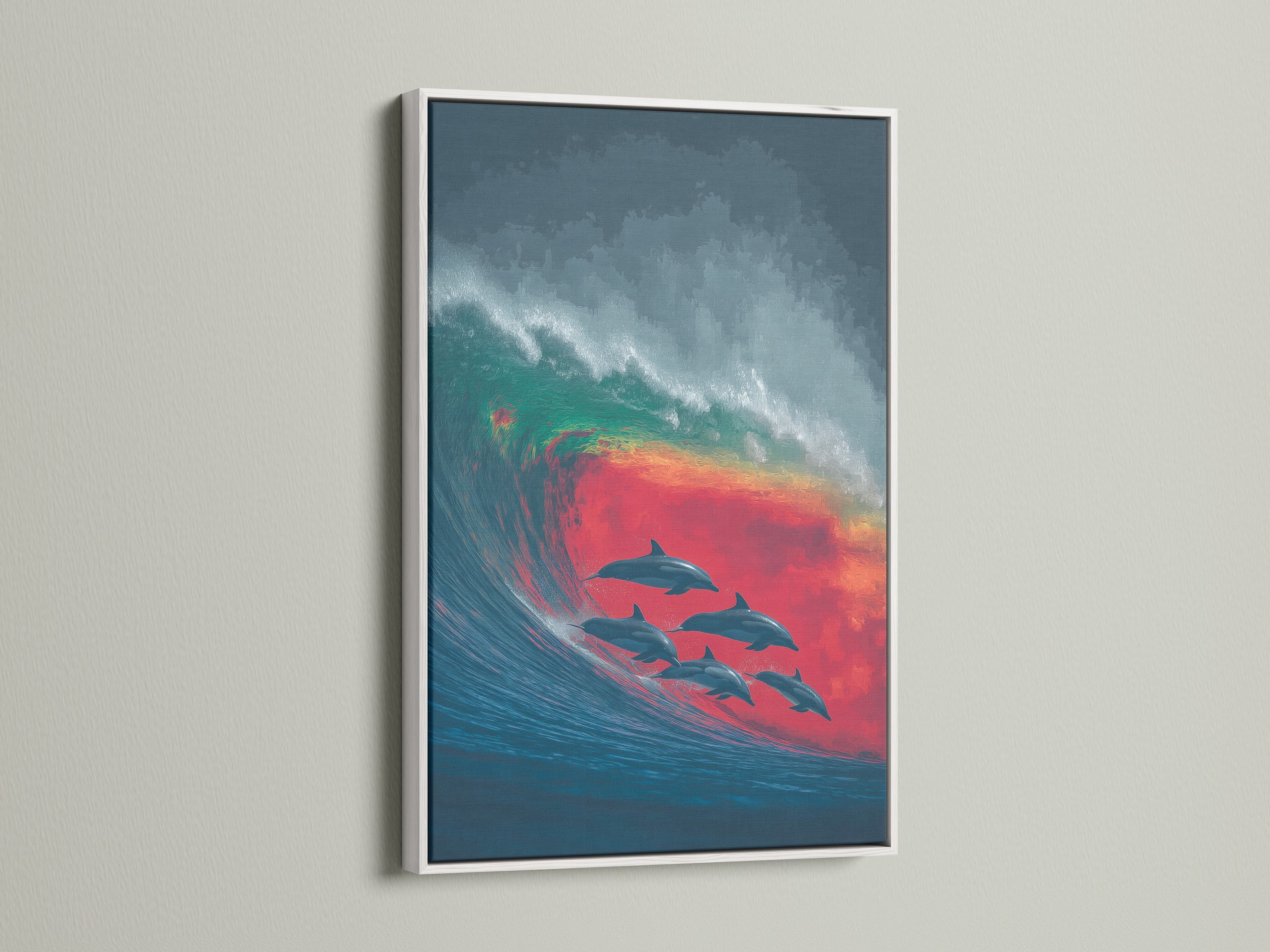 Dolphin Wave canvas print with a white frame. This ocean art print enhances your space. Perfect for bathroom wall art or beach house decor. This marine artwork brings the sea to your home.