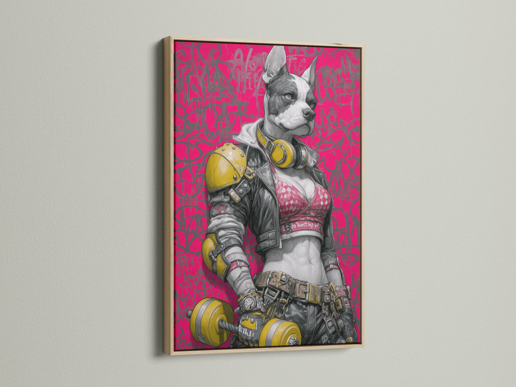 Cyberpunk Dog art print displayed in an oak frame. A modern piece for streetwear aficionados. This futuristic French Bulldog art is ideal for studio decor. The neon pink wall art brings an urban edge to your home interior. A great gift for dog lovers.