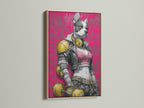 Cyberpunk Dog art print displayed in an oak frame. A modern piece for streetwear aficionados. This futuristic French Bulldog art is ideal for studio decor. The neon pink wall art brings an urban edge to your home interior. A great gift for dog lovers.