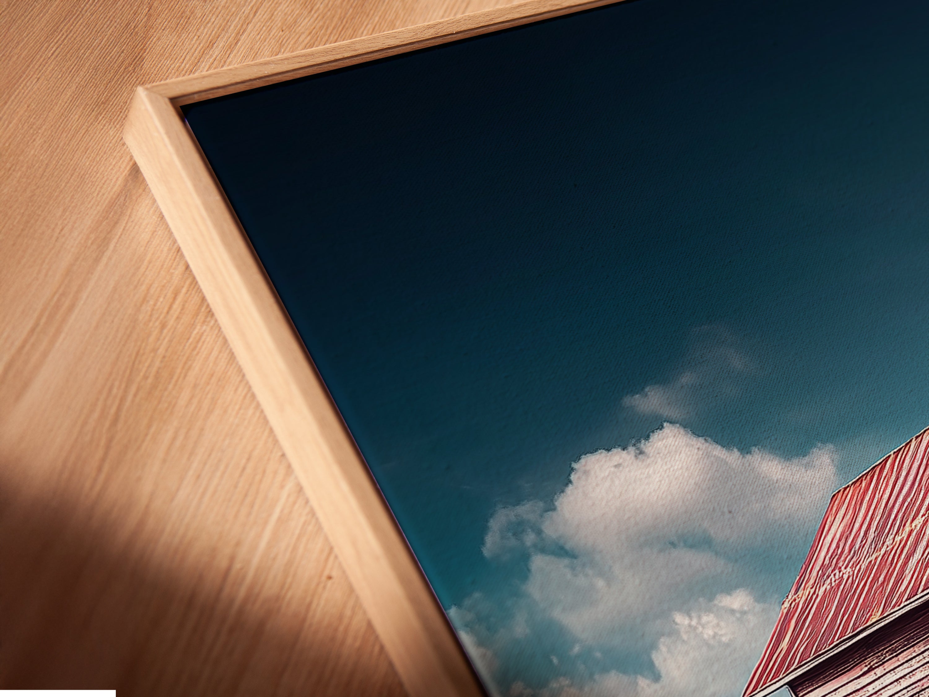 Experience the beauty of a canvas print in a floating frame. This close-up angle highlights the depth and texture of the artwork. The floating frame adds a modern touch enhancing the overall aesthetic. Perfect for showcasing your favorite pieces in a unique way.