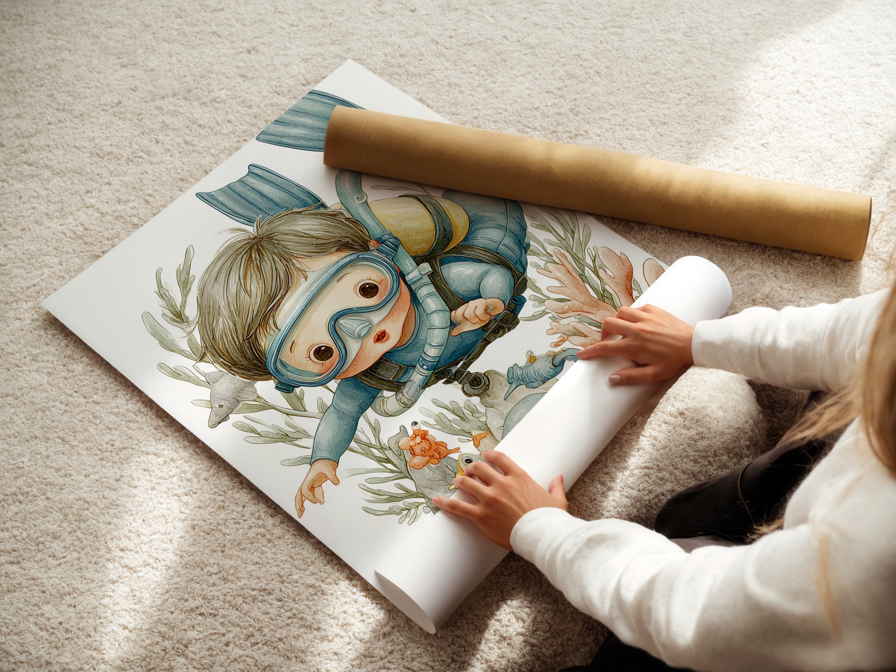 A woman carefully rolls a fine art poster paper. This scuba diving kids art print is ready for framing. The fine art paper ensures vibrant colors. It captures every detail of the underwater adventure. A perfect choice for high-quality kids room decor. Bring the ocean to life.