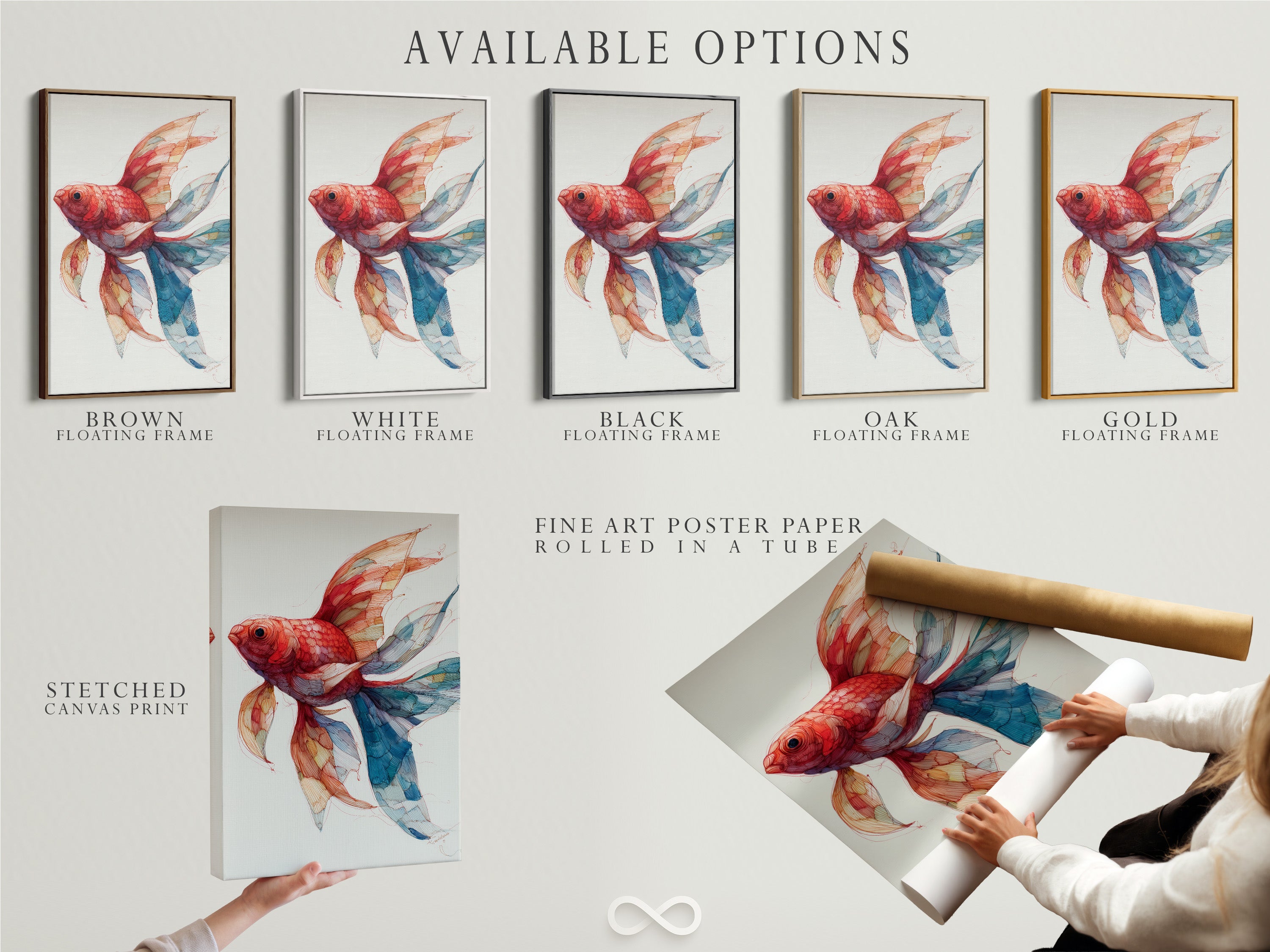 Available options are showcased. This includes a stretched canvas print a fine art poster paper and a floating frame. Explore the various ways to display your art. Each option offers a unique aesthetic. Find the perfect presentation style. The options cater to diverse tastes and preferences. Discover the possibilities and elevate your artwork. It is a great way to showcase your personal style.