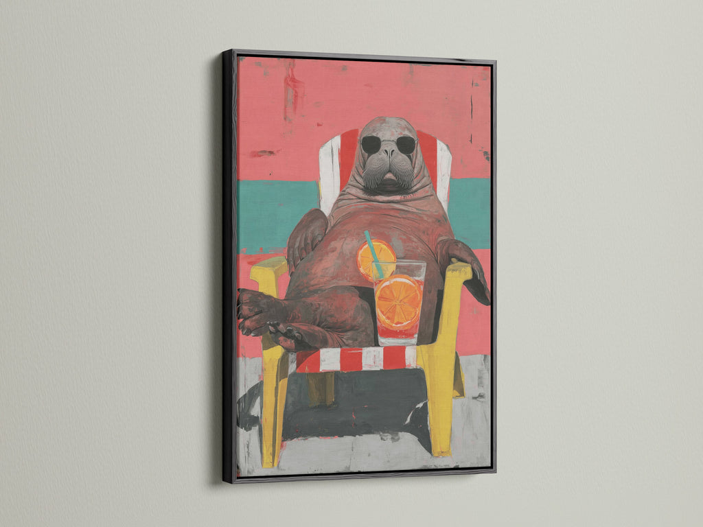 This image features the Walrus Wall Art Print in a black frame. The artwork showcases quirky animal art with a retro design. It's perfect for enhancing beach house decor with summer vibes. The coral pink and teal colors make it pop. This piece is ideal for adding a coastal touch to your home.