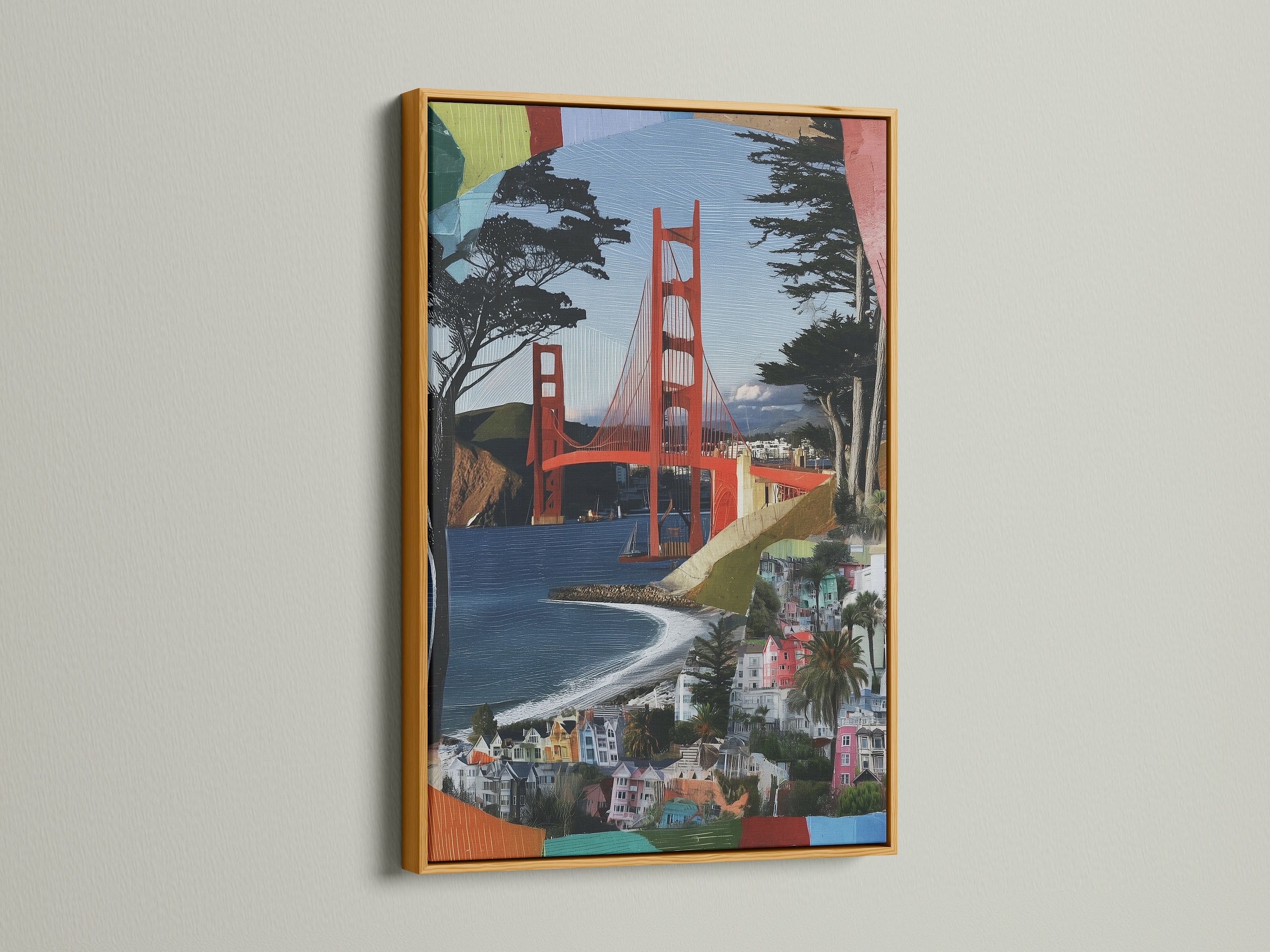 The Golden Gate artwork shines within a gold frame. This California travel poster brings a luxurious touch. Ideal for those who appreciate city skyline art and a hint of glamour in their decor.