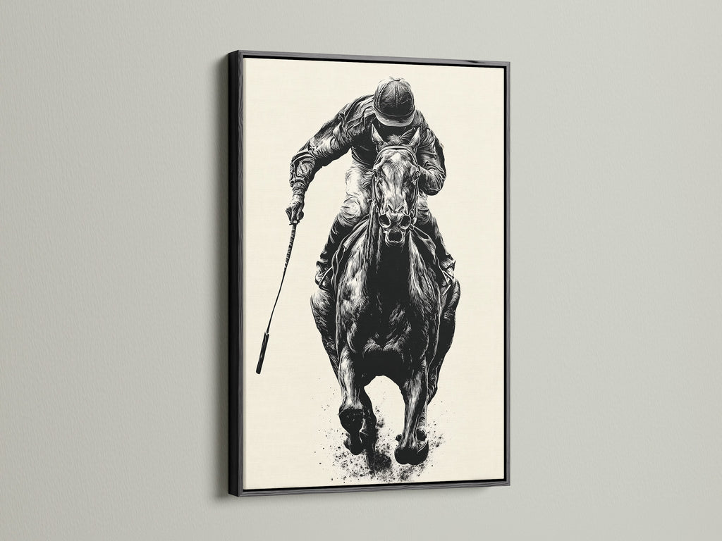 Artwork of a horse race in a black frame. The black frame adds a touch of sophistication and elegance. Discover our diverse range of art pieces. Transform your walls with our premium framed art.