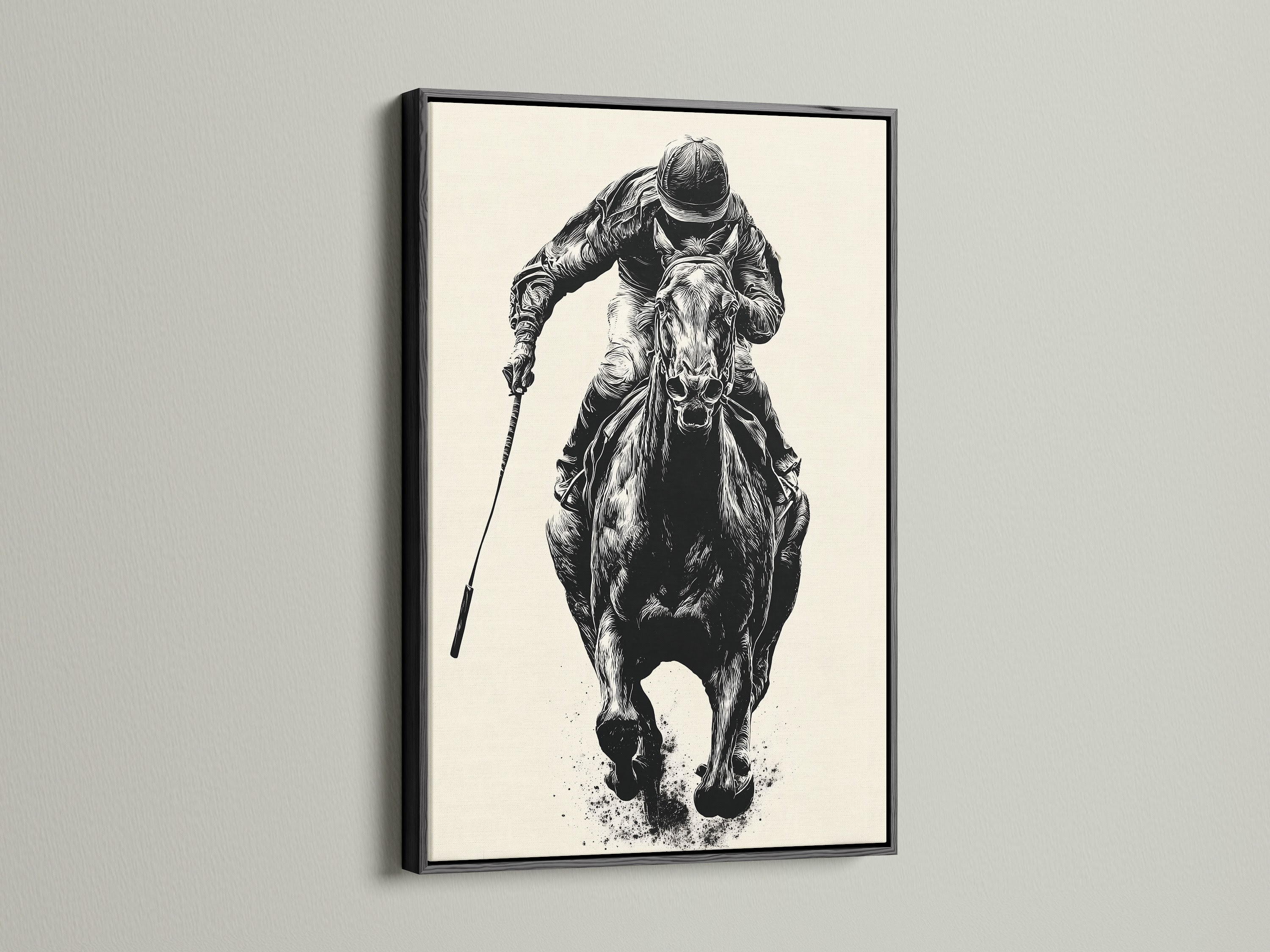 Artwork of a horse race in a black frame. The black frame adds a touch of sophistication and elegance. Discover our diverse range of art pieces. Transform your walls with our premium framed art.