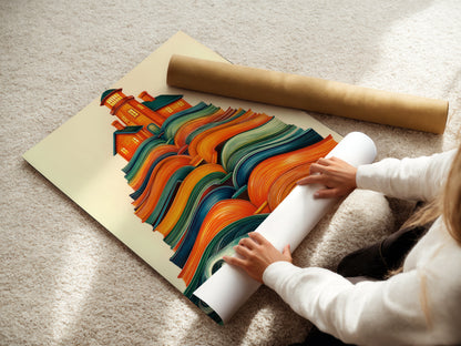 A woman is carefully rolling a fine art poster paper print of the Lighthouse on Books artwork. Ensuring it arrives in perfect condition. Get your whimsical coastal print today. Perfect for any room.