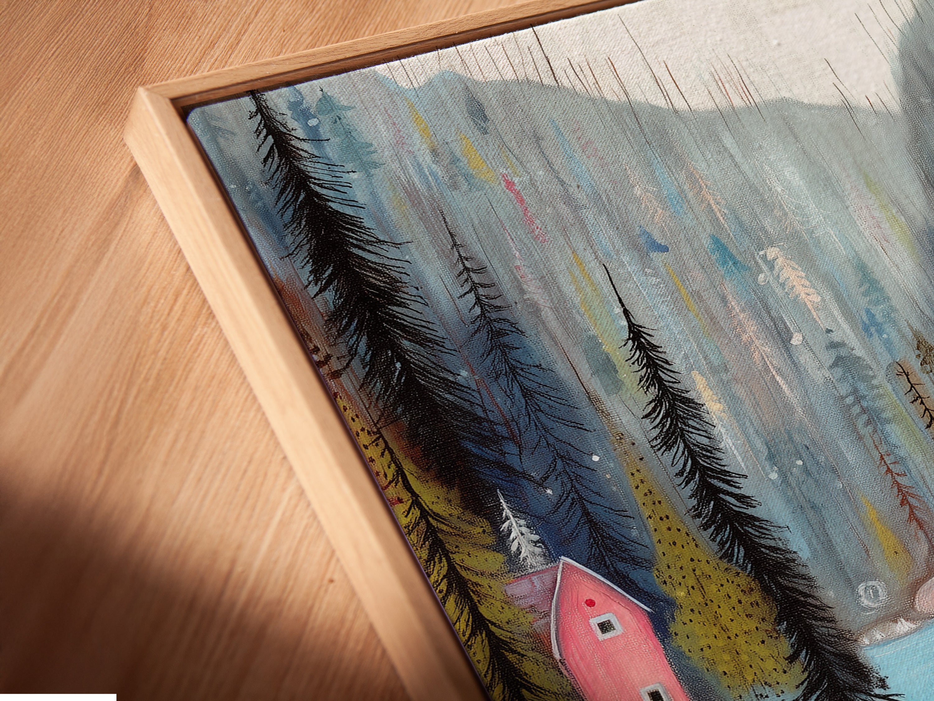 A close-up of the Village River artwork in a floating frame. This modern framing style gives the art a unique look. It allows the artwork to stand out without distraction. The floating frame enhances the artwork's depth and dimension. Perfect for a contemporary home.