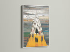 See the abstract figures artwork beautifully displayed in a white frame. This contemporary art print offers a clean modern look. Elevate your hallway artwork or office wall decor. This yellow orange art is a great choice.