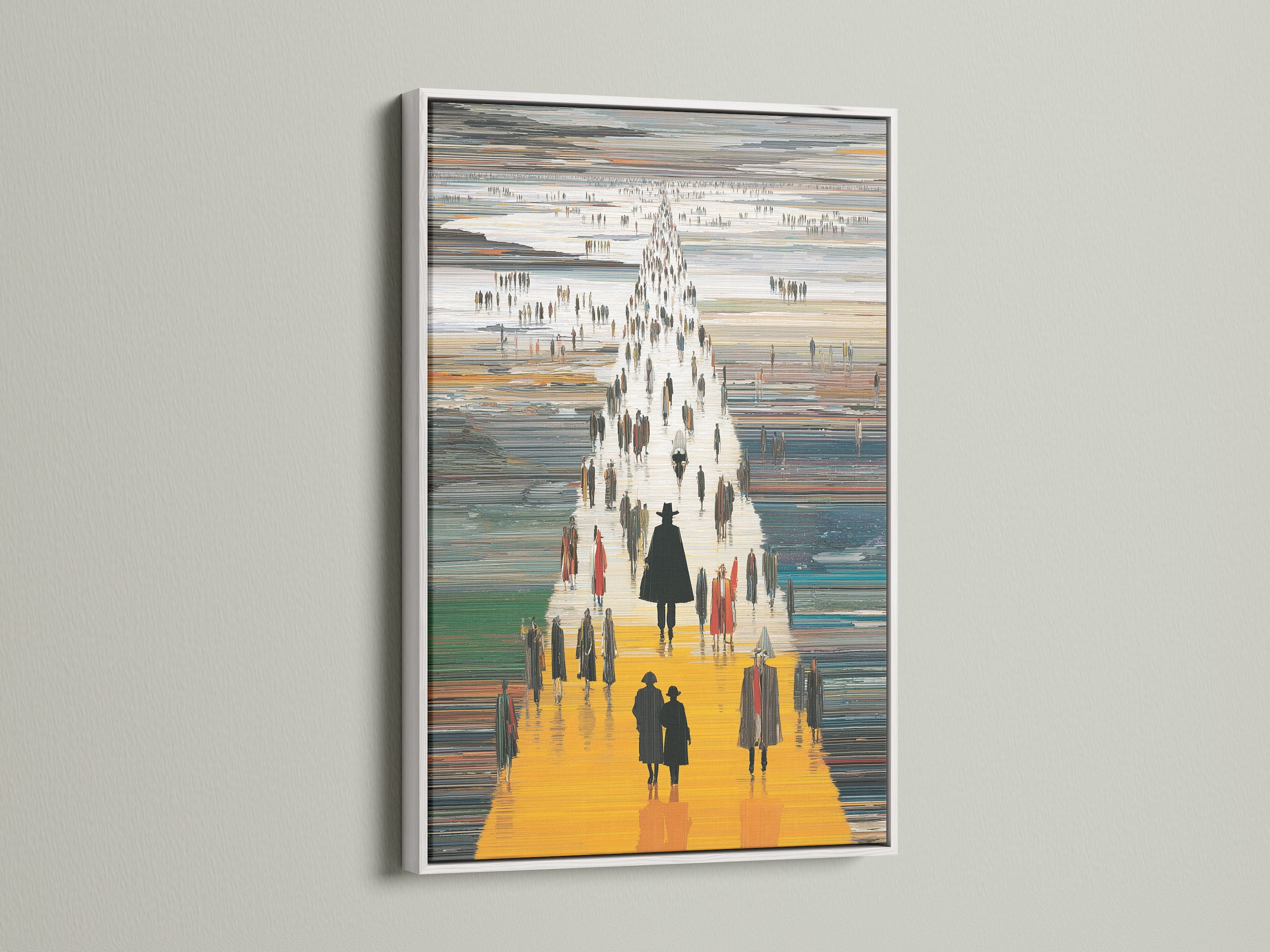 See the abstract figures artwork beautifully displayed in a white frame. This contemporary art print offers a clean modern look. Elevate your hallway artwork or office wall decor. This yellow orange art is a great choice.