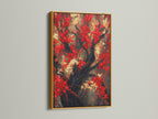 The Red Blossoms Canvas Print is beautifully showcased in a gold frame. This Asian botanical art features a Japanese cherry tree. The red floral canvas adds a touch of oriental decor to any room. Perfect for enhancing your dining room art or creating a serene atmosphere. The artwork combines red and gold elements.
