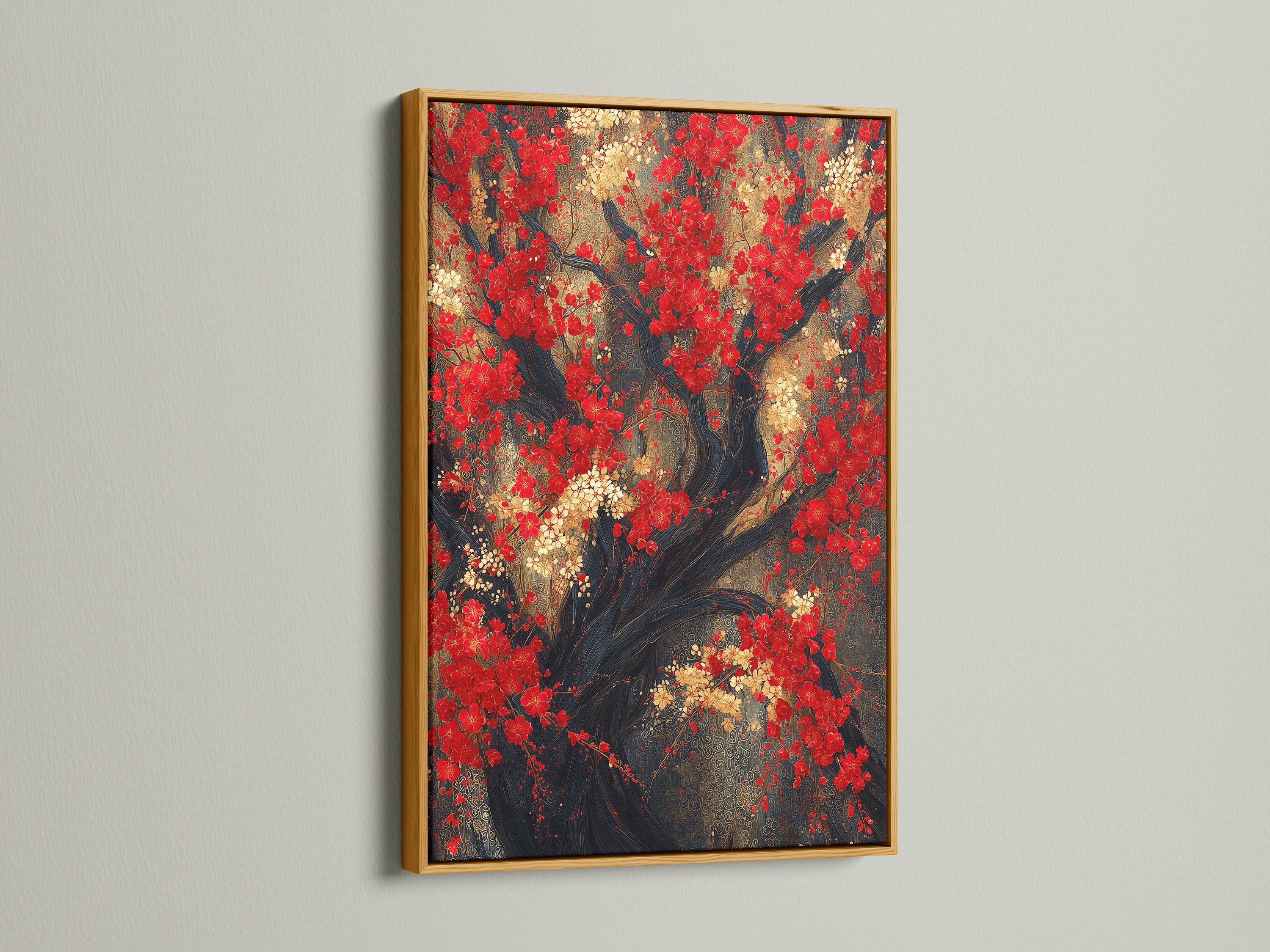 The Red Blossoms Canvas Print is beautifully showcased in a gold frame. This Asian botanical art features a Japanese cherry tree. The red floral canvas adds a touch of oriental decor to any room. Perfect for enhancing your dining room art or creating a serene atmosphere. The artwork combines red and gold elements.