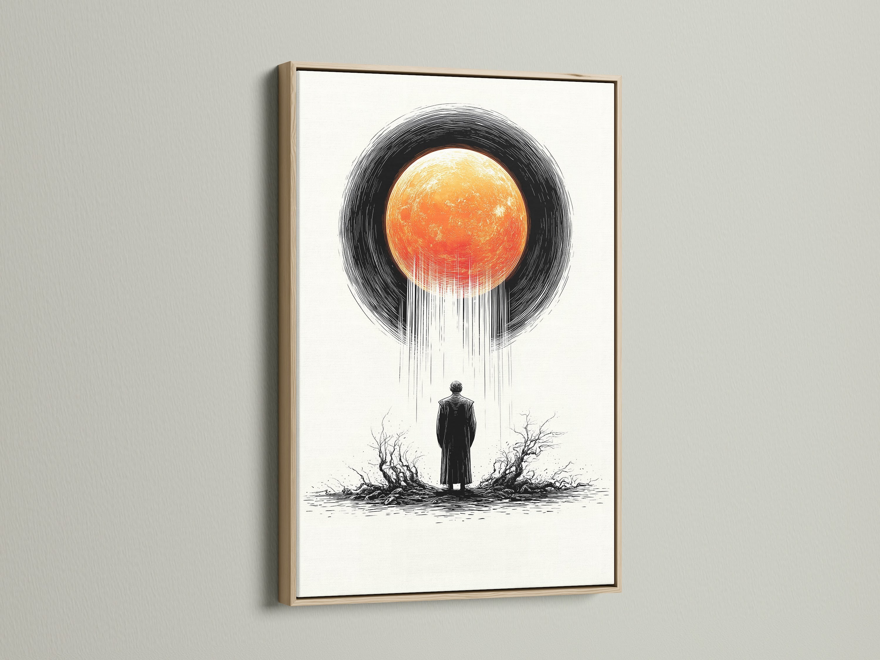 Surreal eclipse artwork showcased in an oak frame. Elevate your living room wall art with this celestial canvas. The man and moon art print brings cosmic decor to bedroom wall decor. Modern surrealism for your space.