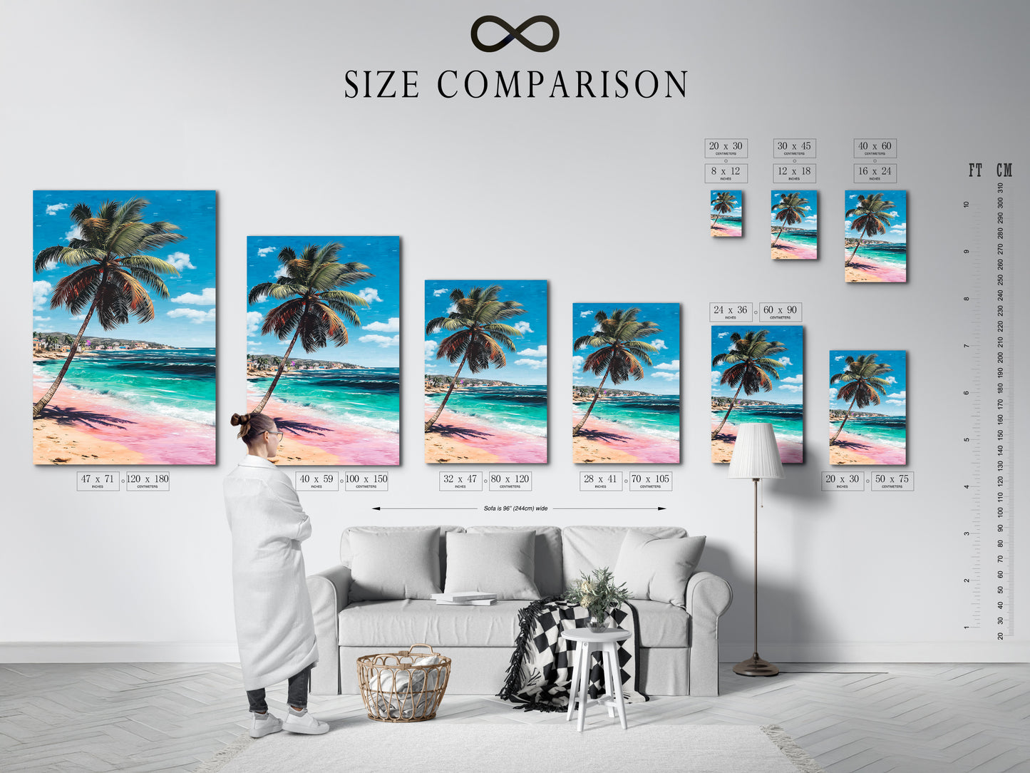 A size comparison chart displayed in an interior setting. The chart shows various sizes of tropical beach artwork featuring a palm tree pink sand and turquoise ocean. Find the perfect fit for your space.