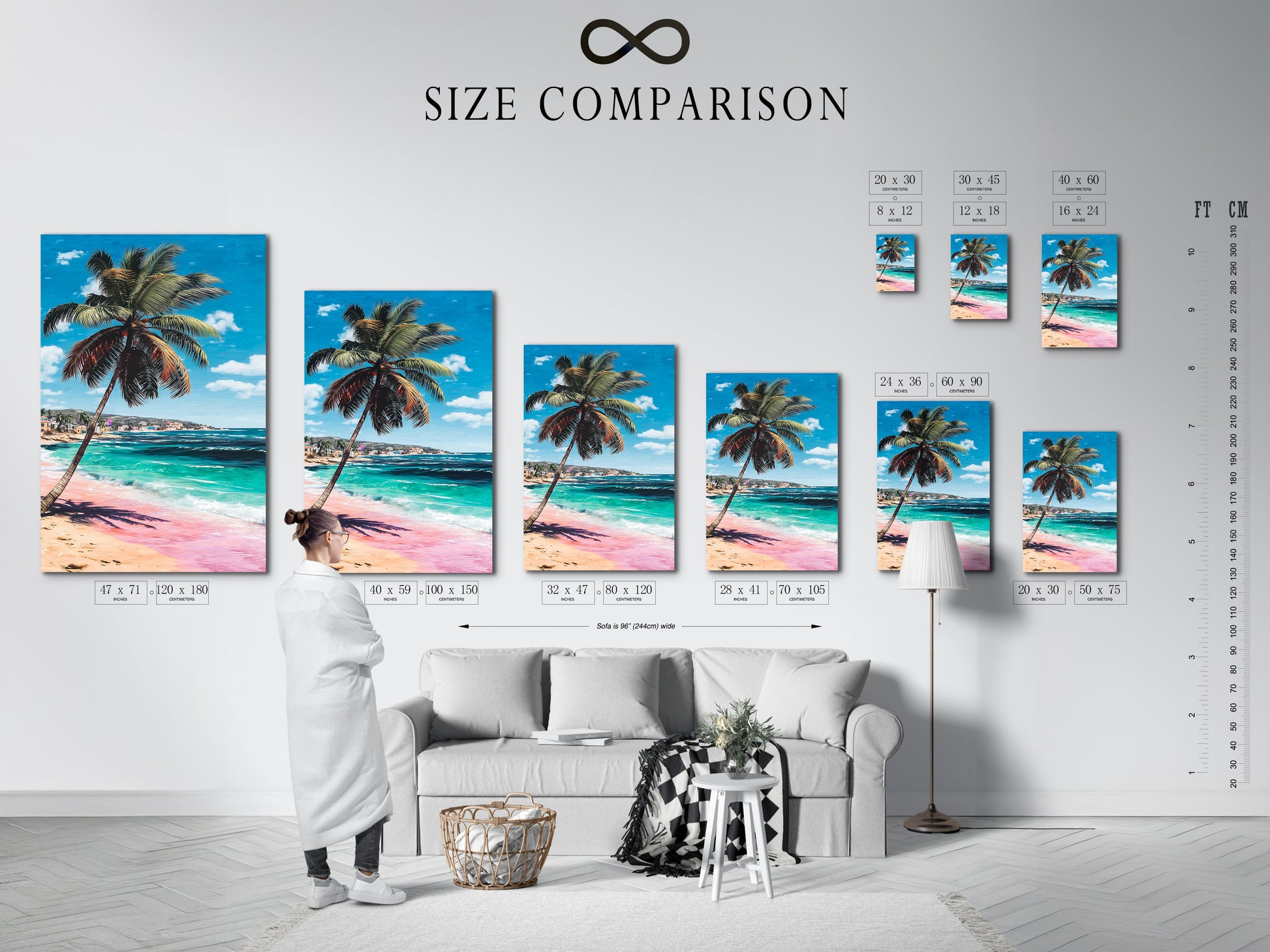 A size comparison chart displayed in an interior setting. The chart shows various sizes of tropical beach artwork featuring a palm tree pink sand and turquoise ocean. Find the perfect fit for your space.