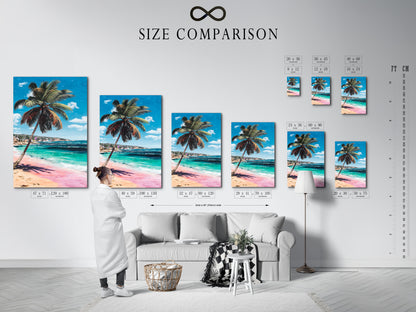 A size comparison chart displayed in an interior setting. The chart shows various sizes of tropical beach artwork featuring a palm tree pink sand and turquoise ocean. Find the perfect fit for your space.